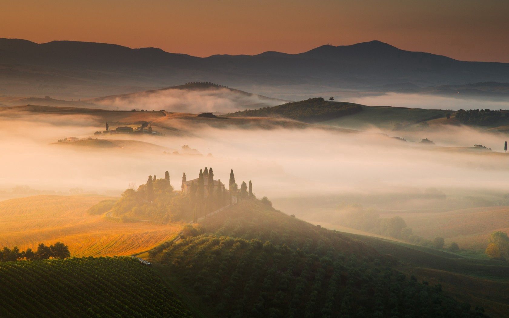 tuscany, nature, grass, italy, fog, hills