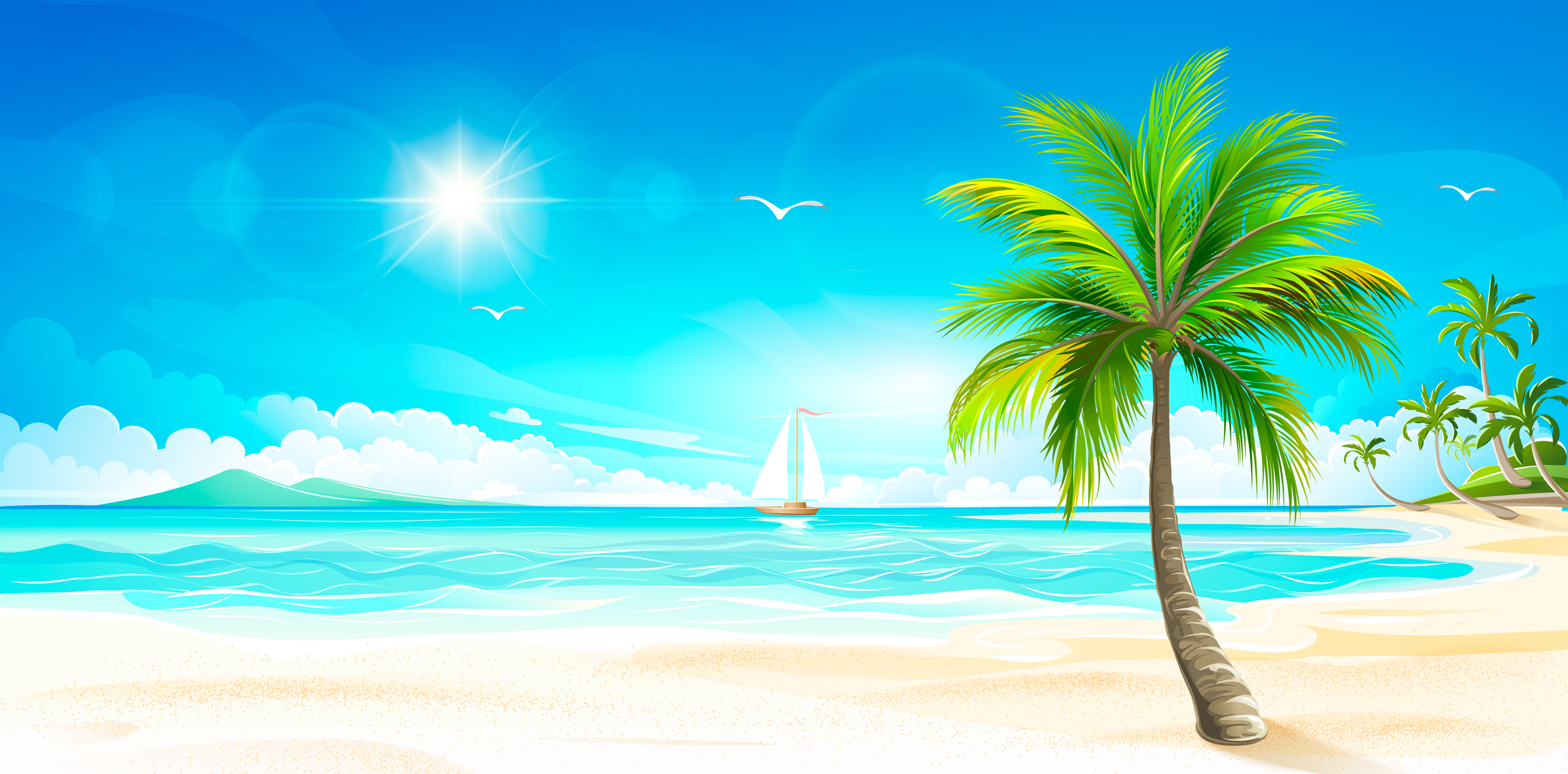 Скачать картинку Солнце, Пляж, Пальмы, Океан, Тропический, Парусная Лодка, Художественные в телефон бесплатно.