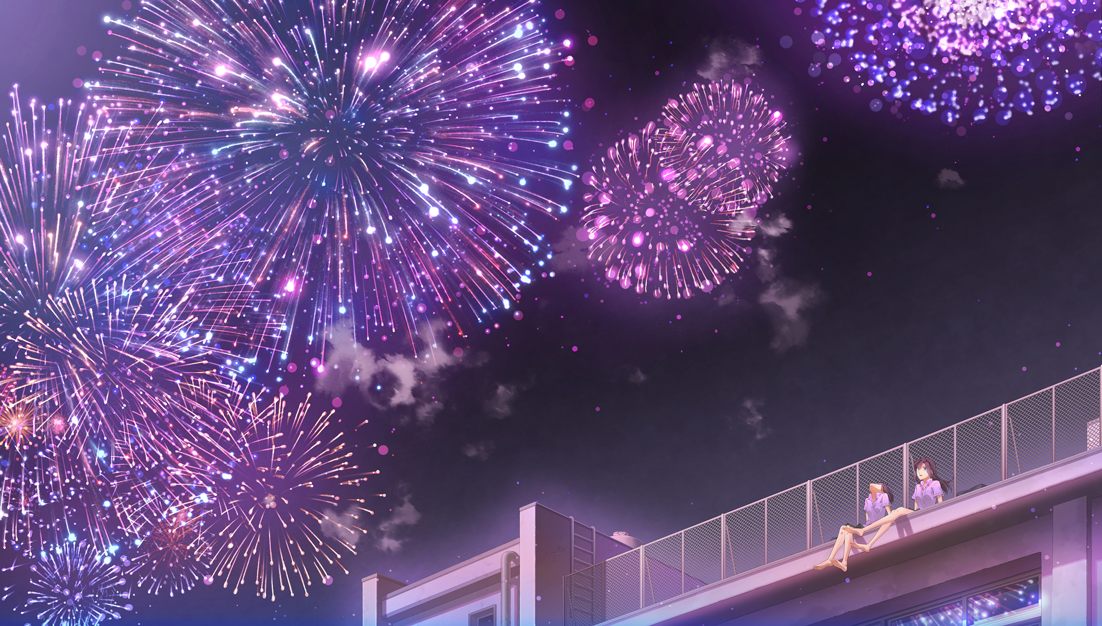 Download mobile wallpaper Anime, Fireworks, Original, Long Hair, Brown Hair, Short Hair for free.