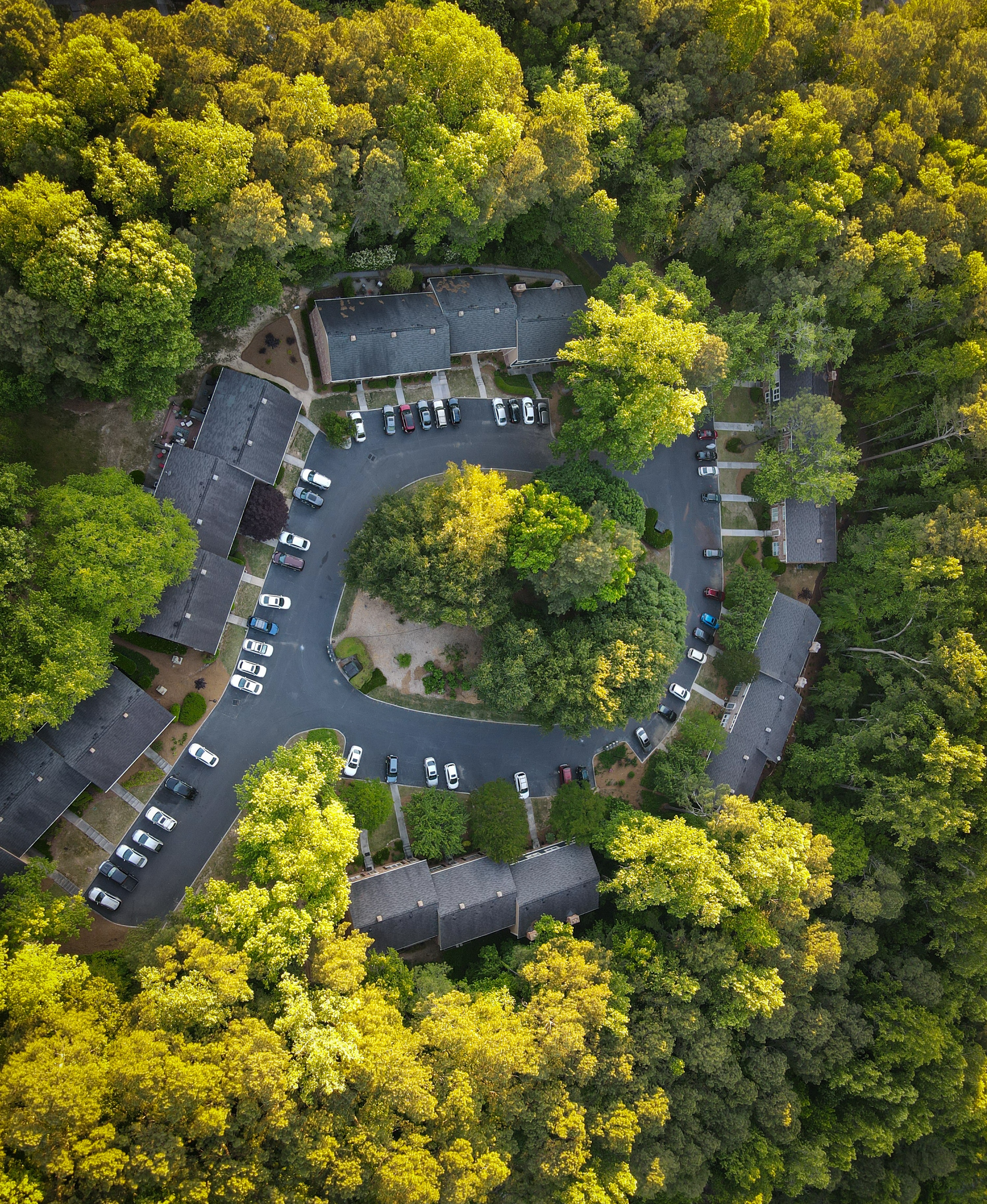 cities, houses, trees, usa, view from above, road, united states, roof, roofs
