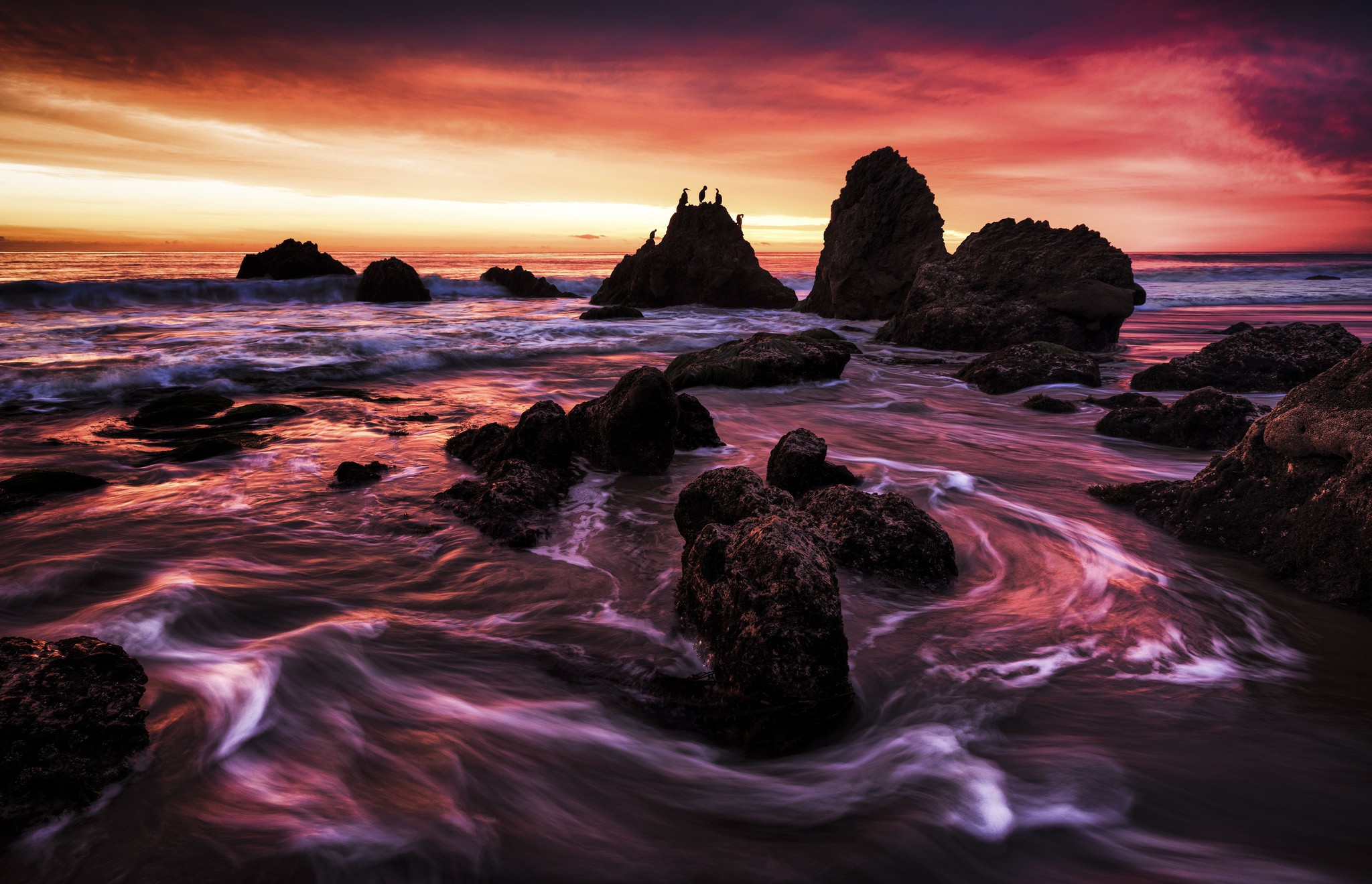 Download mobile wallpaper Sunset, Sea, Beach, Rock, Horizon, Ocean, Earth for free.