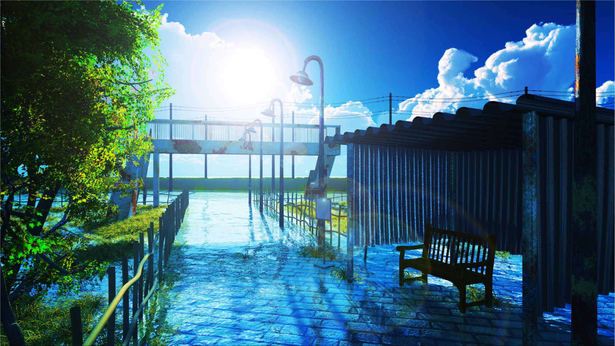 Free download wallpaper Anime, Grass, Sky, Tree, Sunrise, Cloud, Original, Sunbeam on your PC desktop