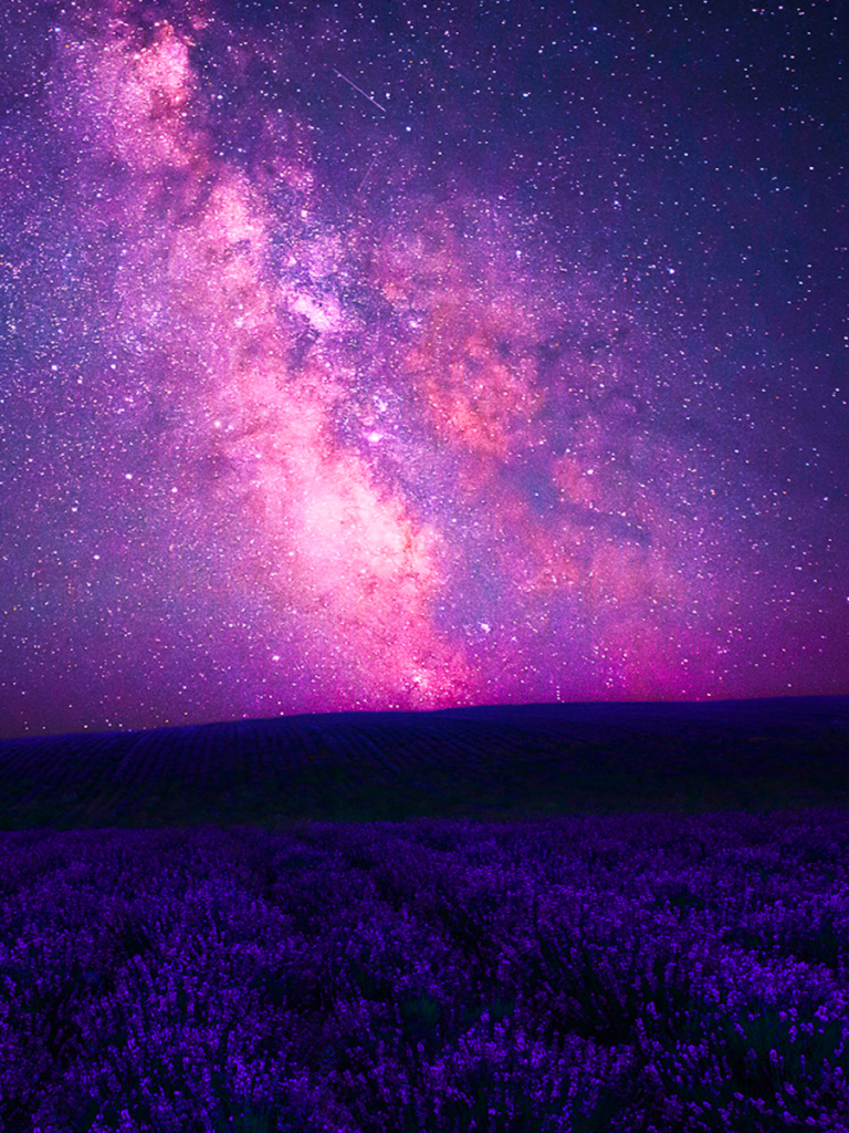 Download mobile wallpaper Sky, Stars, Pink, Field, Milky Way, Artistic, Lavender for free.