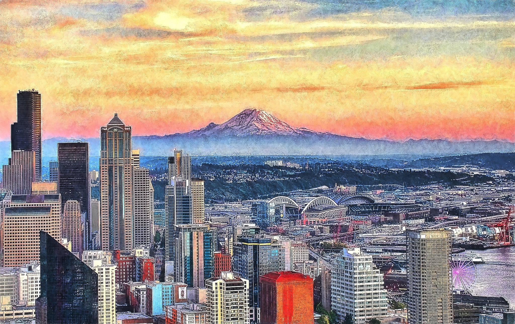 Download mobile wallpaper Cities, Usa, City, Skyscraper, Building, Mountain, Cityscape, Painting, Seattle, Man Made for free.