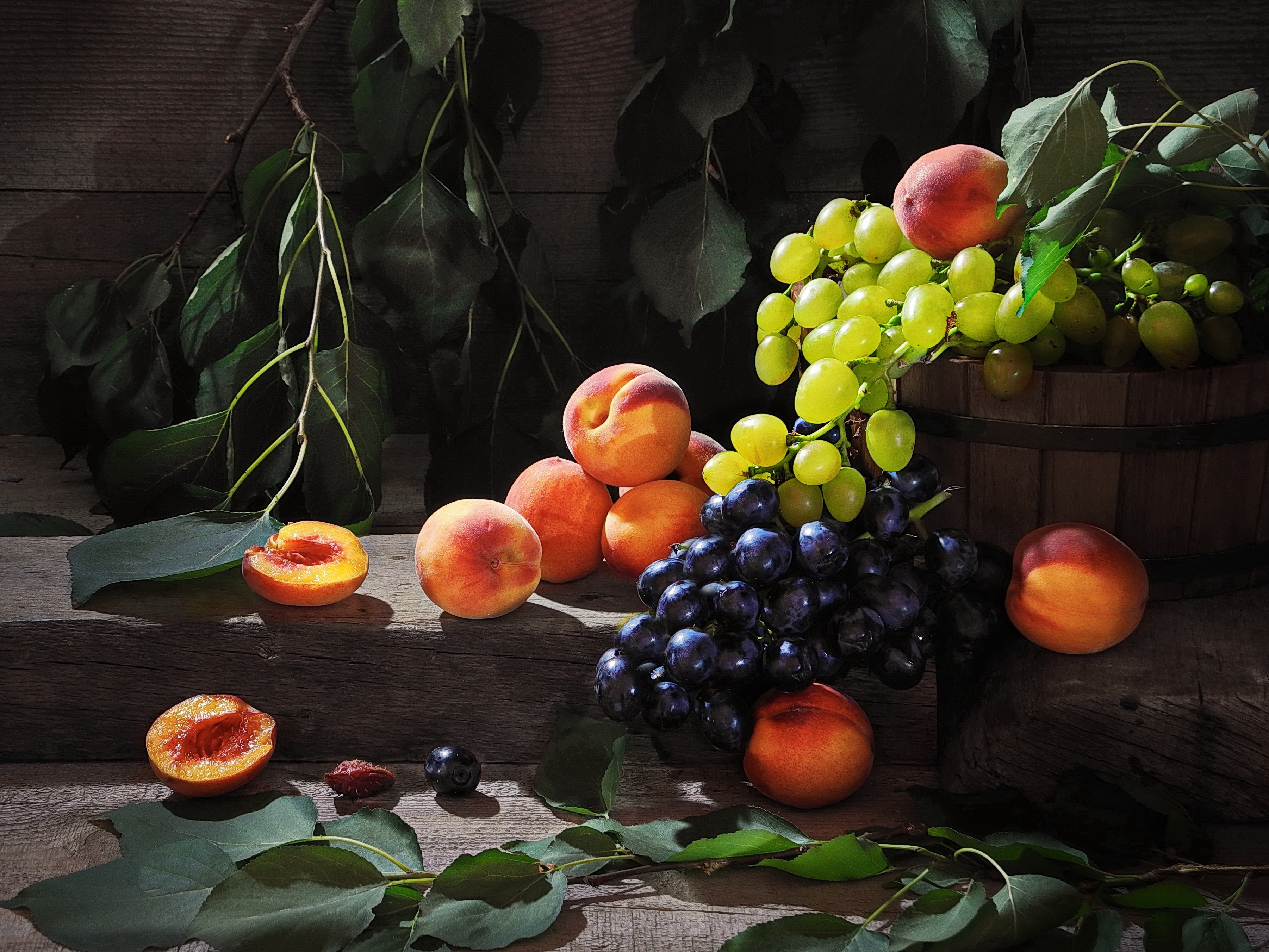 Download mobile wallpaper Fruits, Food, Grapes, Still Life, Fruit, Peach for free.