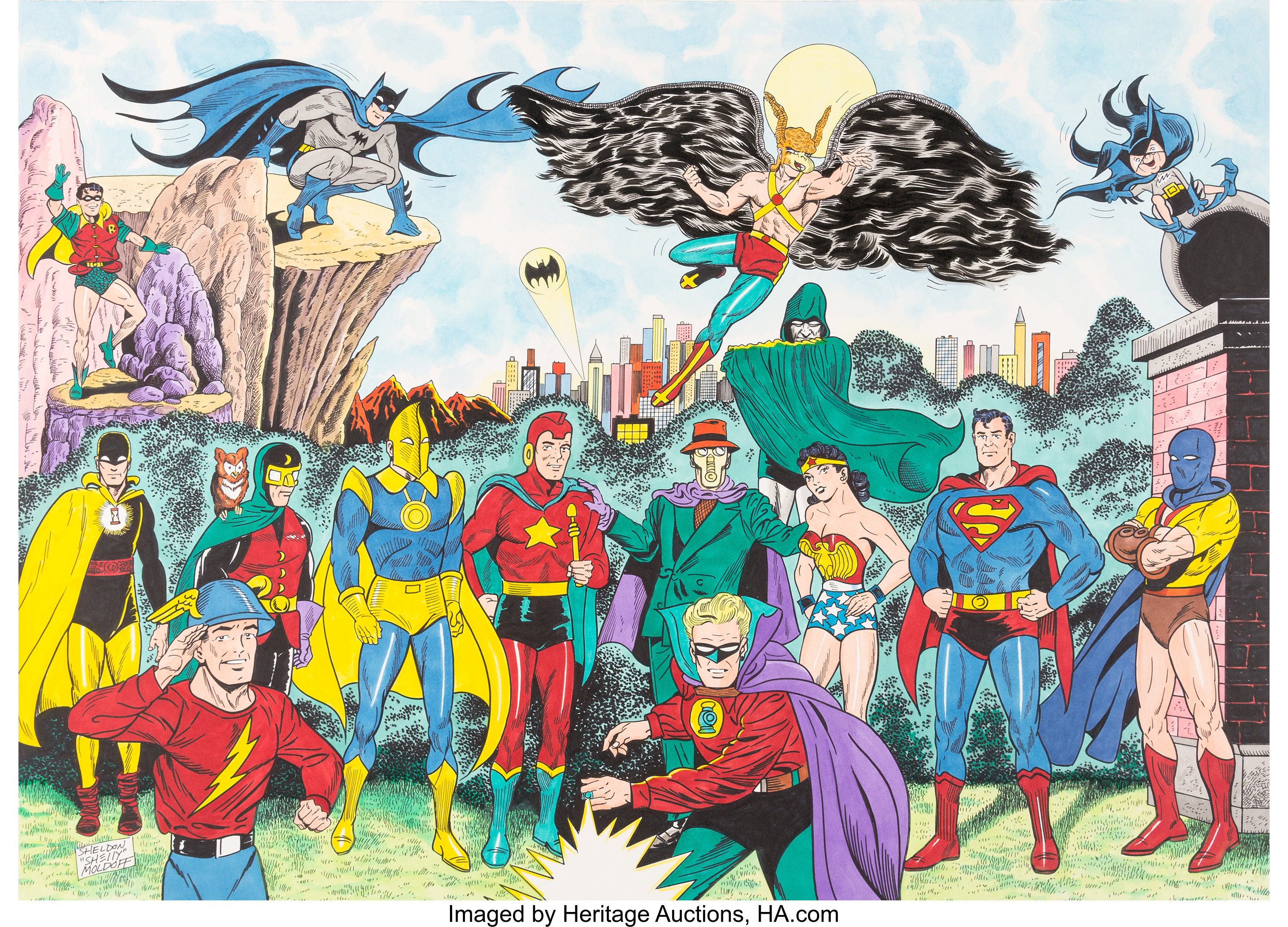 comics, justice society of america, alan scott (dc comics), atom (dc comics), bat mite (dc comics), batman, bat signal, carter hall, dick grayson, doctor fate (dc comics), doctor mid nite, flash, green lantern, hawkman (dc comics), hourman (dc comics), jay garrick, robin (dc comics), sandman (dc comics), spectre (dc comics), starman (dc comics), superman, wonder woman, justice league