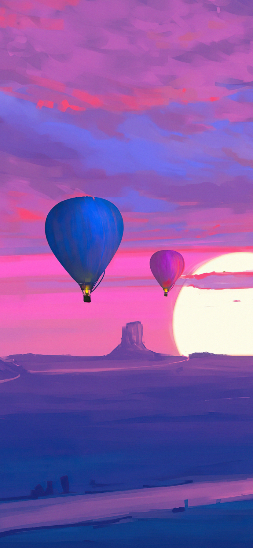 Download mobile wallpaper Landscape, Sunset, Desert, Horizon, Artistic, Hot Air Balloon for free.