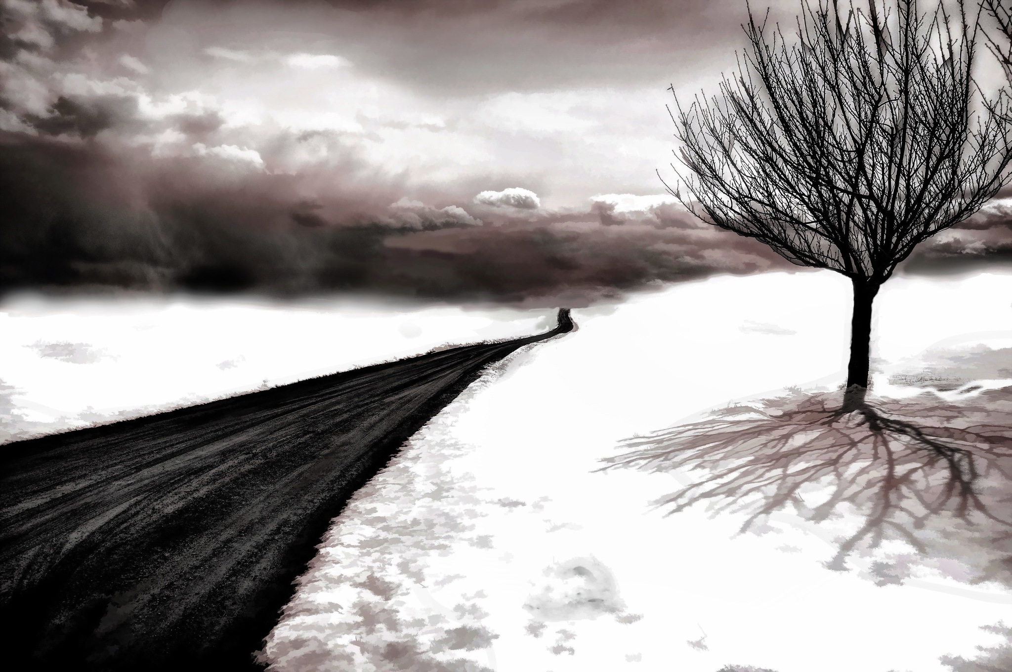 743462 descargar imagen artístico, la carretera, blanco y negro, nube, cielo, nieve, árbol: fondos de pantalla y protectores de pantalla gratis