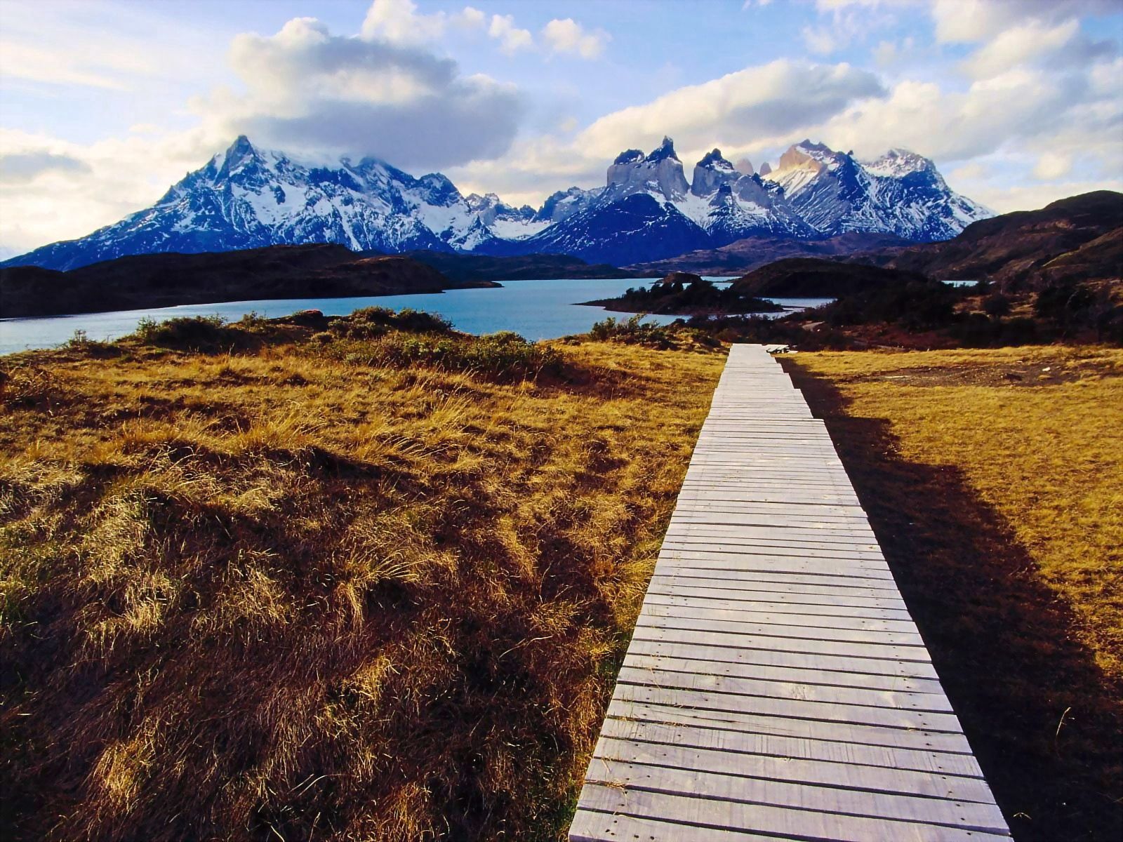 Free download wallpaper Mountains, Lake, Planks, Nature, Board, Road on your PC desktop