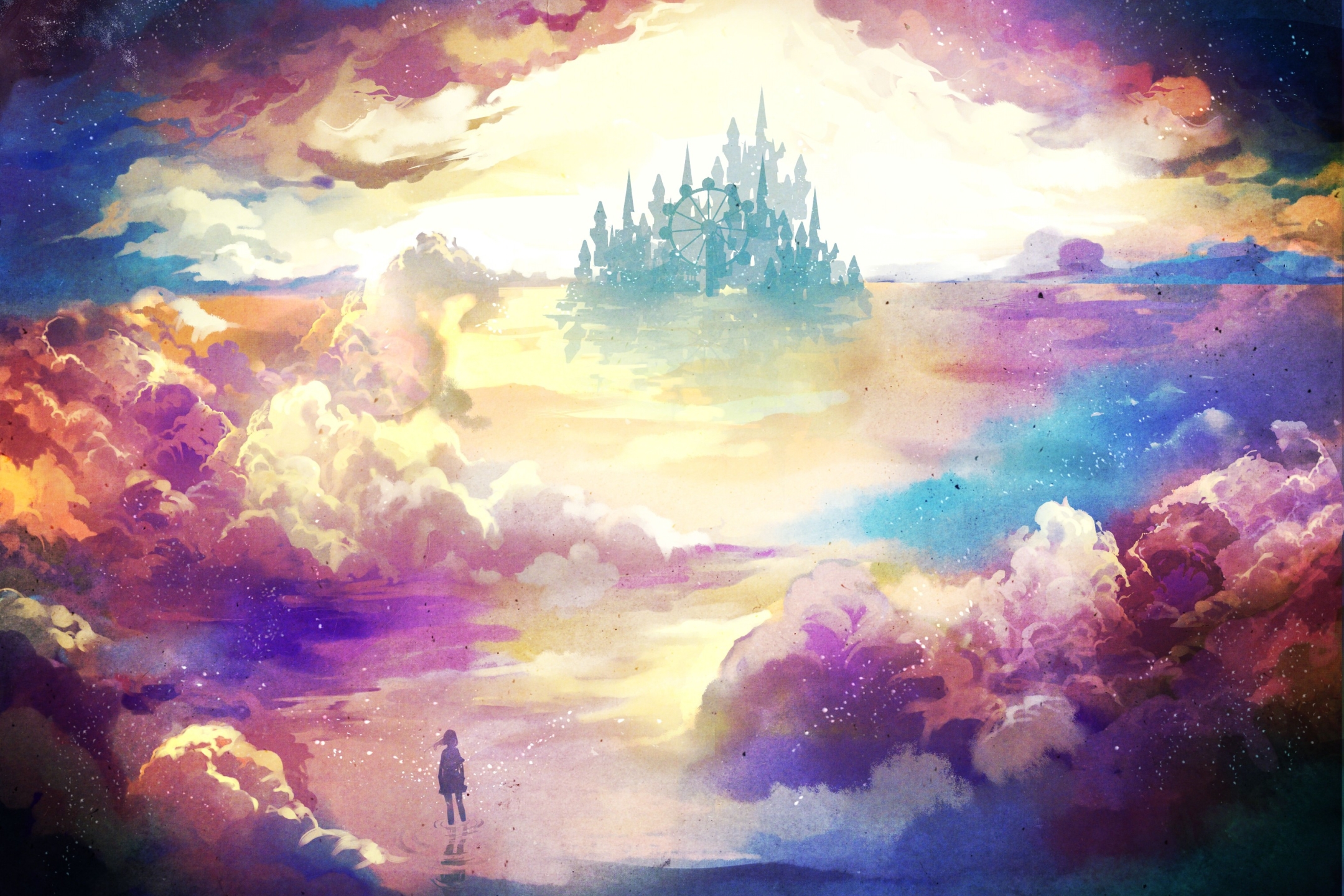Free download wallpaper Anime, Landscape, Sky, Sun, Colorful, Ferris Wheel, Cloud, Original, Castle on your PC desktop