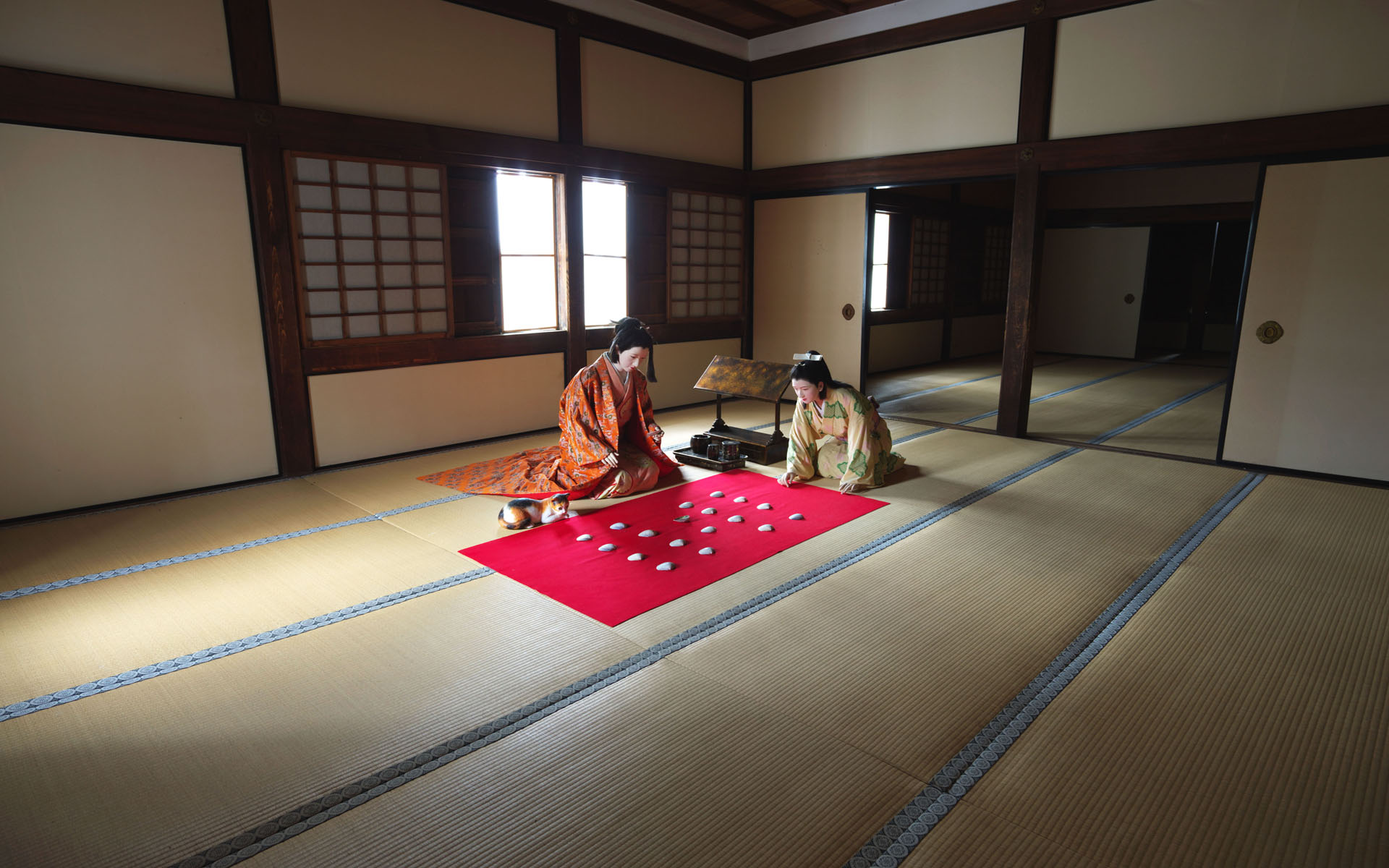 Téléchargez des papiers peints mobile Chat, Loger, Japon, Pièce, Kimono, Construction Humaine gratuitement.