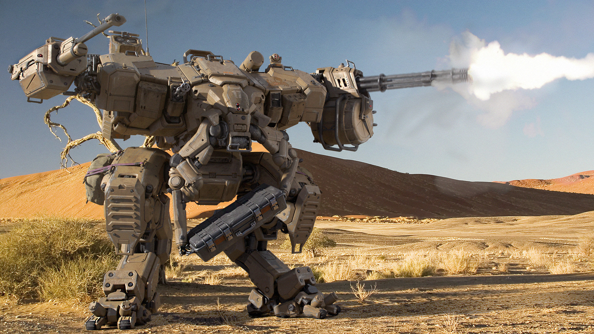 Full HD Wallpaper sci fi, robot, desert, gun