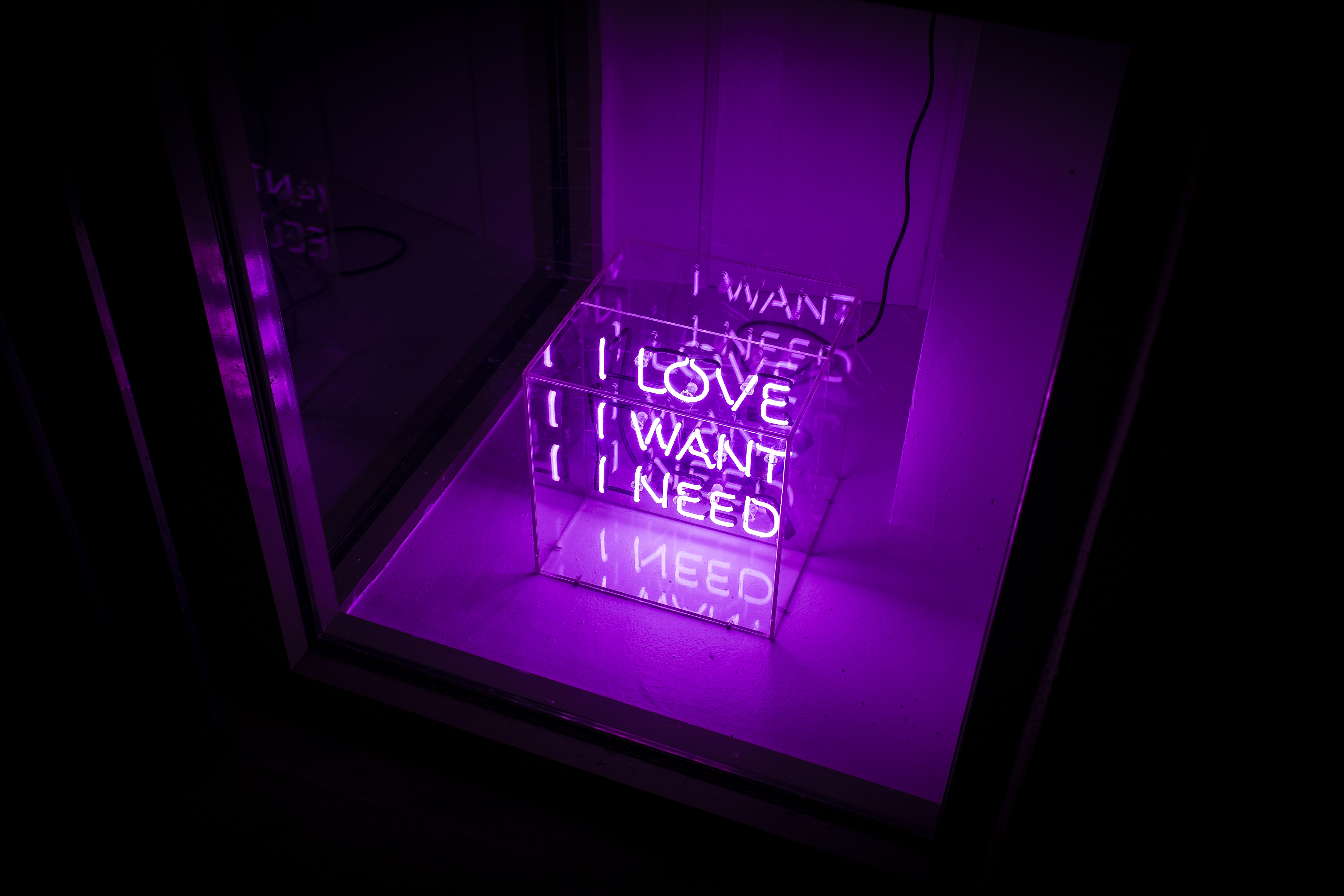 Download mobile wallpaper Violet, Neon, Glow, Inscription, Cube, Words, Purple for free.