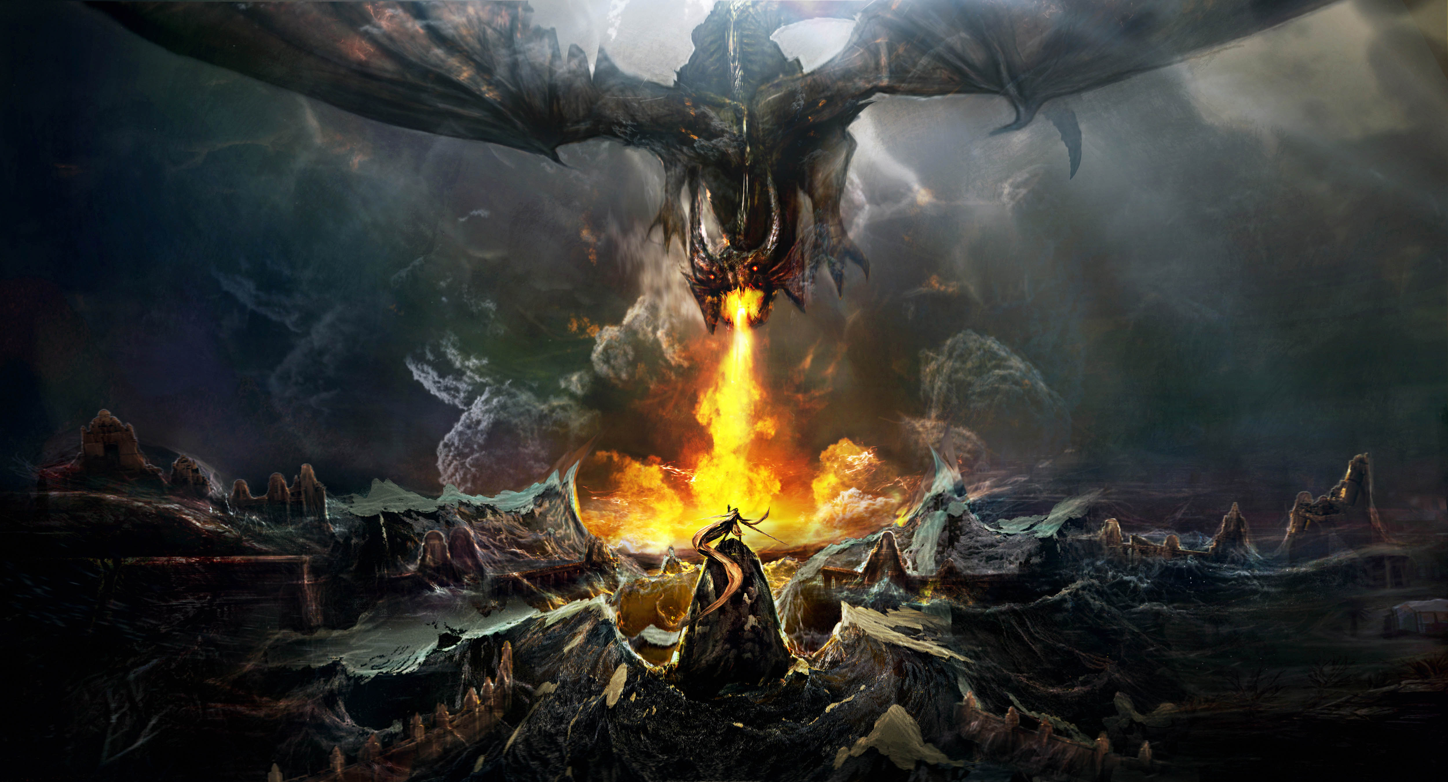 Laden Sie das Fantasie, Feuer, Drachen, Krieger-Bild kostenlos auf Ihren PC-Desktop herunter