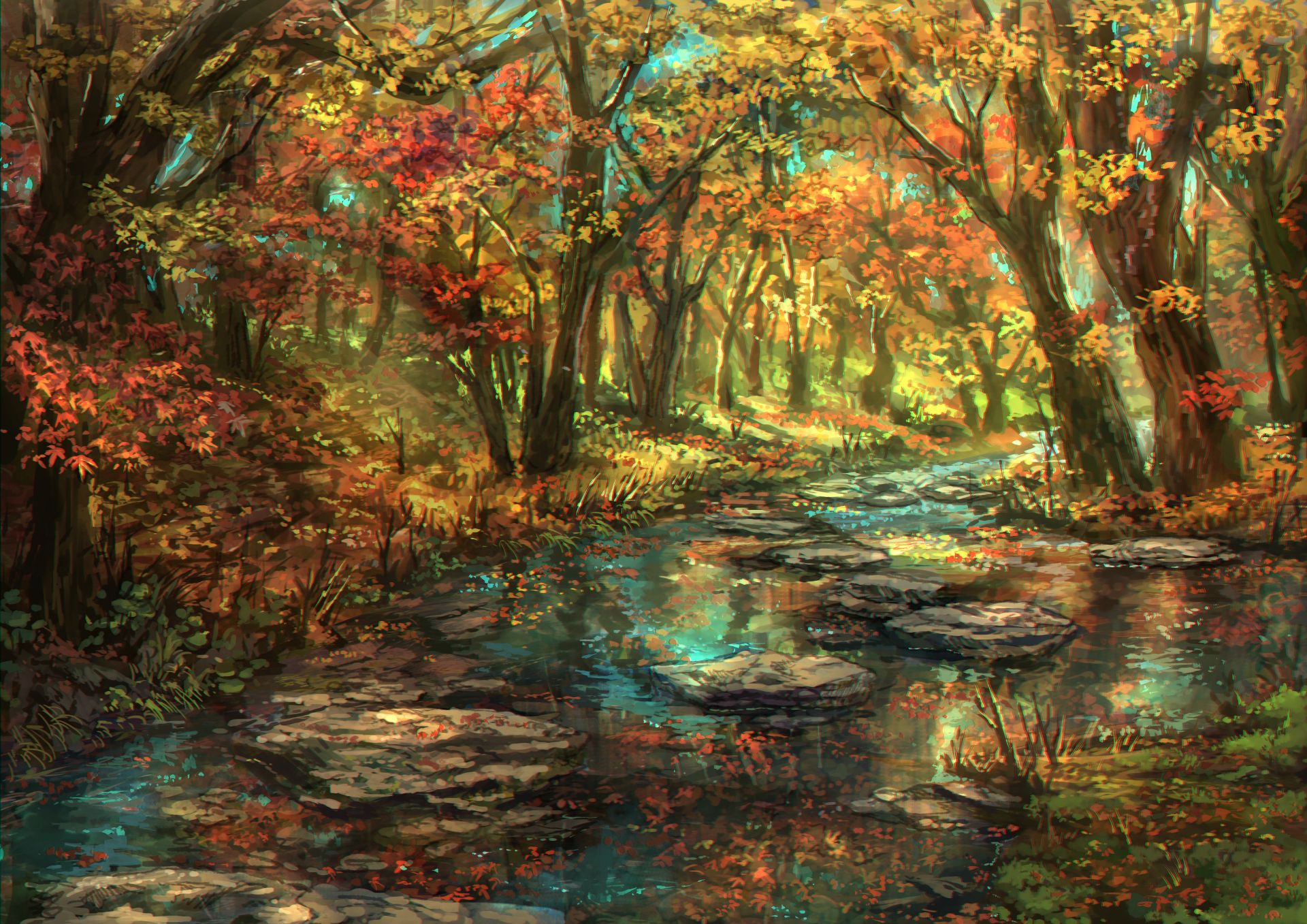 808012 завантажити картинку аніме, ліс привидів, падіння, листок, природа, річка, дерево - шпалери і заставки безкоштовно