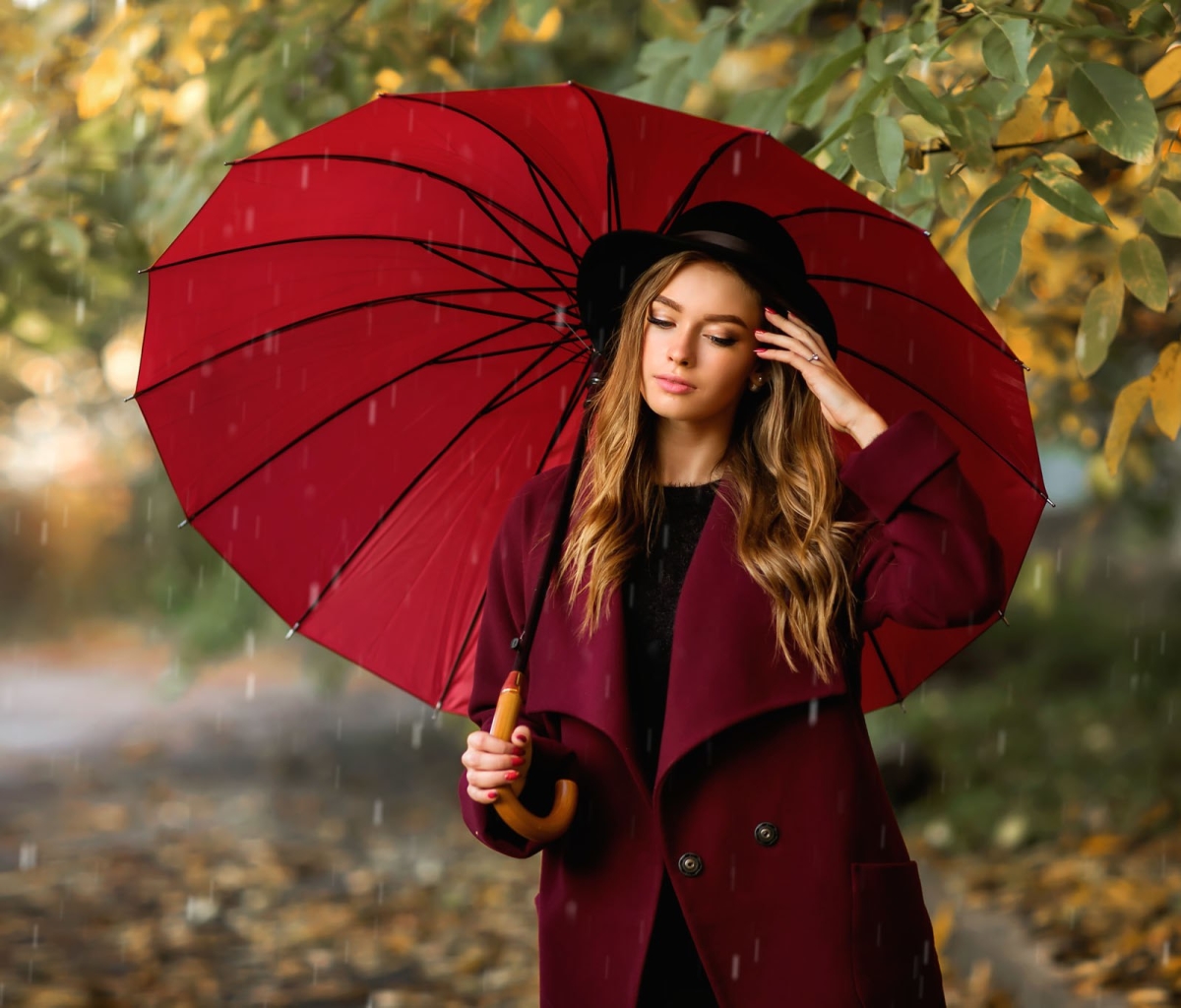 Free download wallpaper Rain, Umbrella, Hat, Brunette, Coat, Model, Women, Depth Of Field on your PC desktop
