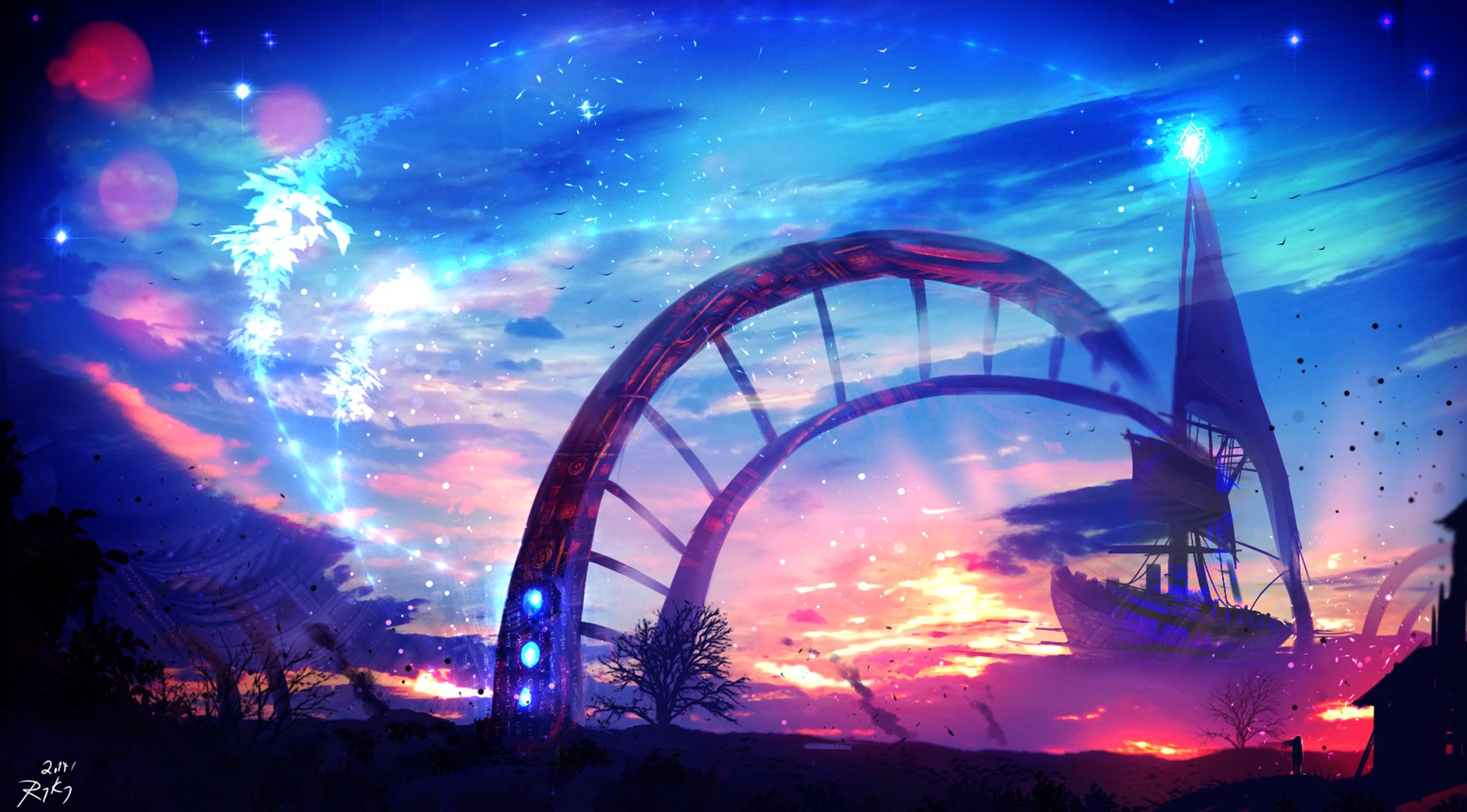 Free download wallpaper Anime, Fantasy, Sunset, Sky, Ship, Cloud, Original on your PC desktop