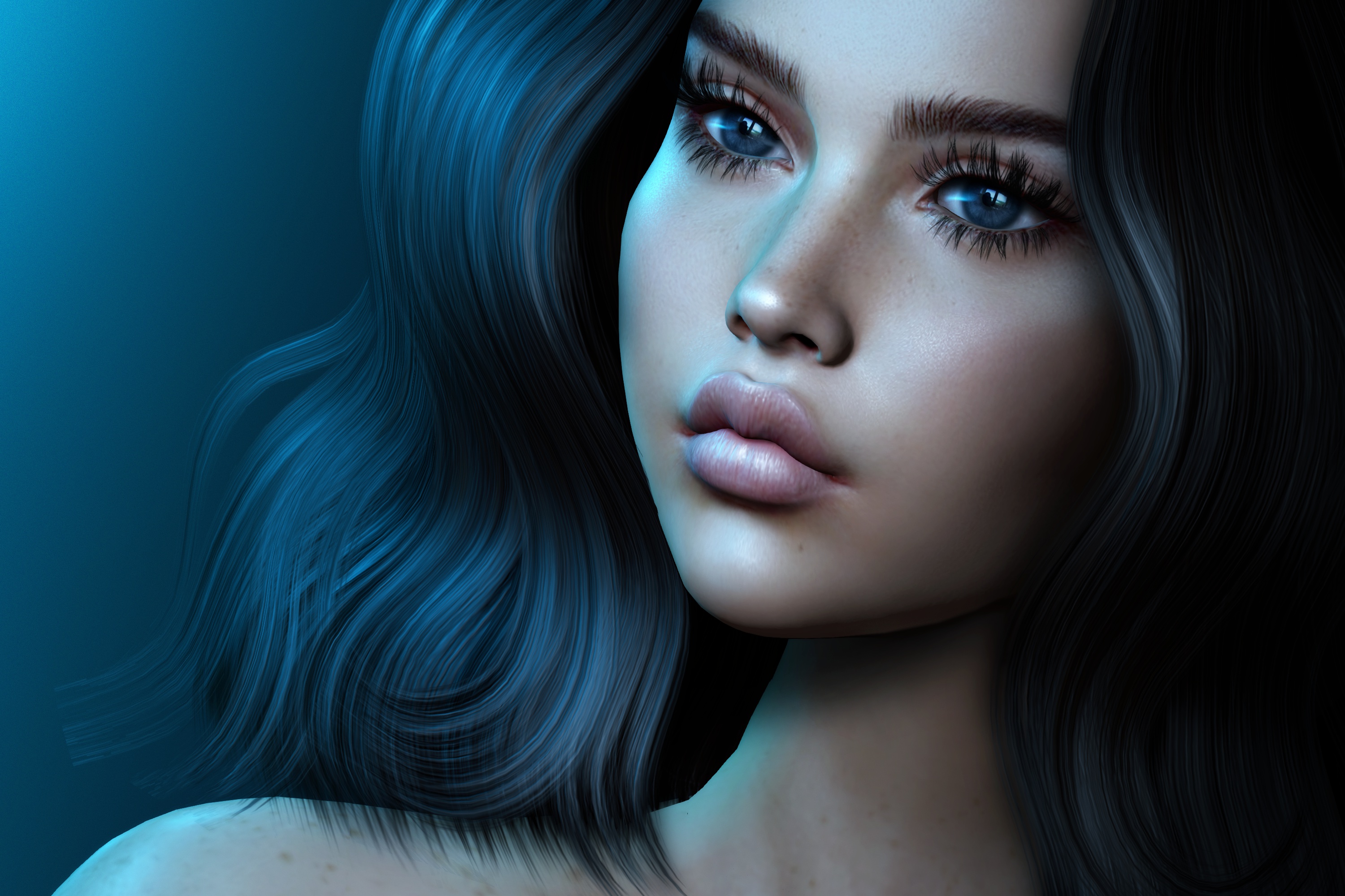 無料モバイル壁紙3D, 芸術的, 顔, 青い目, 女性, 唇, 髪をダウンロードします。