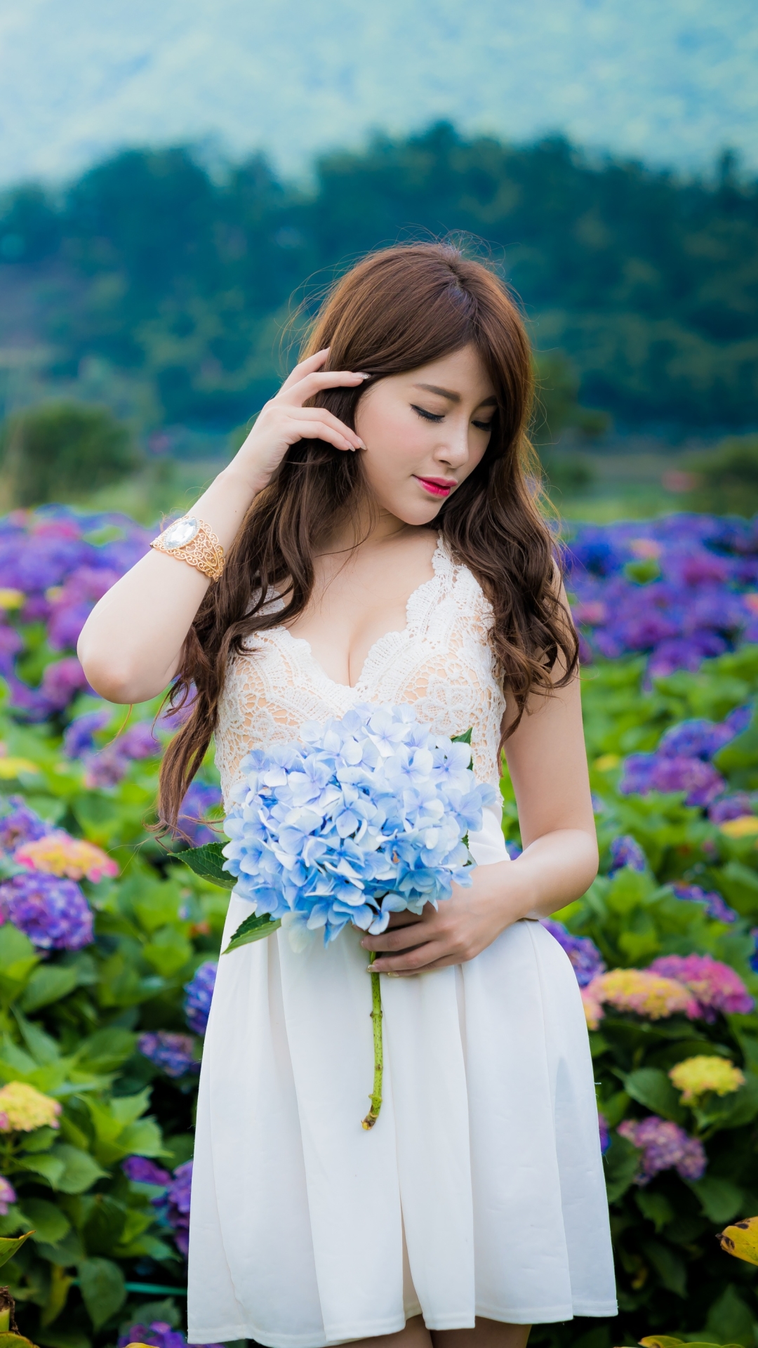 Download mobile wallpaper Flower, Mood, Hydrangea, Brunette, Model, Women, Asian, Lipstick, White Dress, Blue Flower for free.