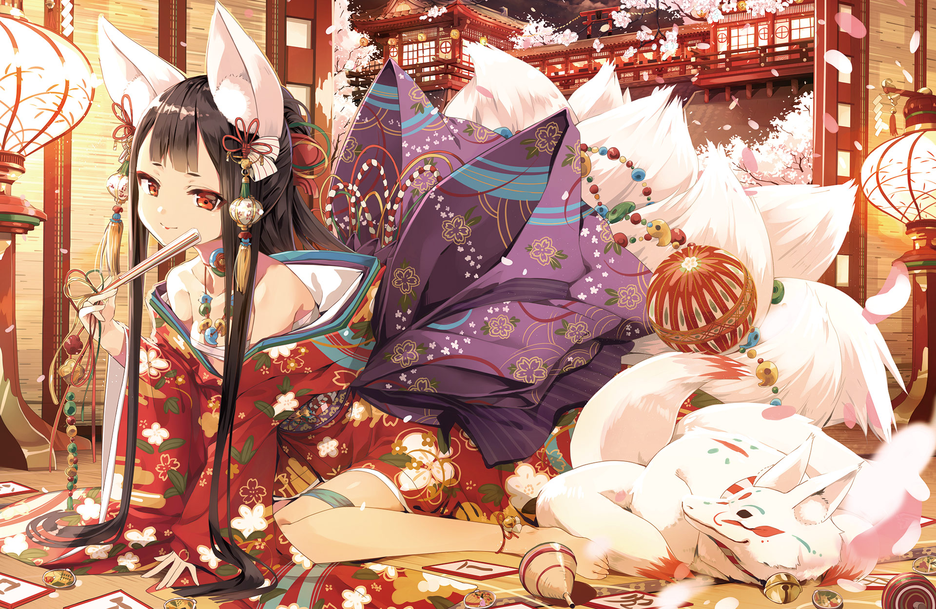 kitsune, girl, anime, animal ears, black hair, japanese clothes, red eyes