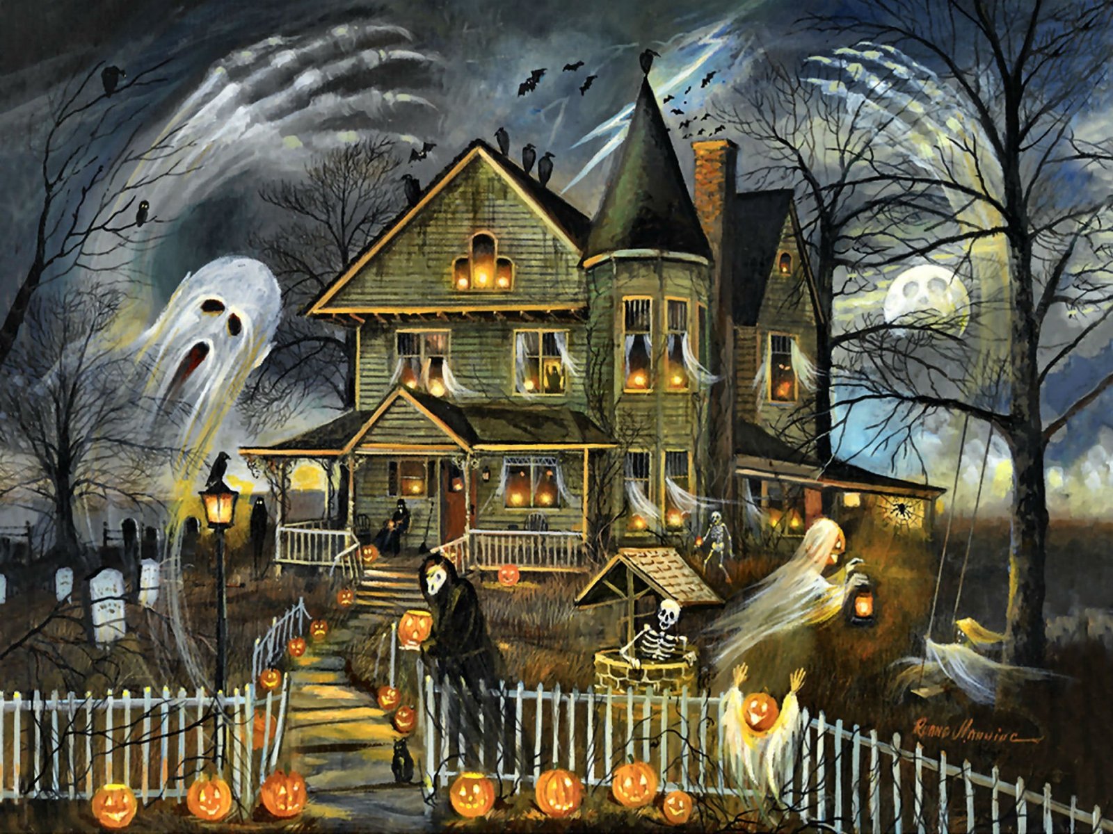 784345 скачать картинку привидение, фонарь джека, дом с привидениями, праздничные, хэллоуин, кладбище - обои и заставки бесплатно