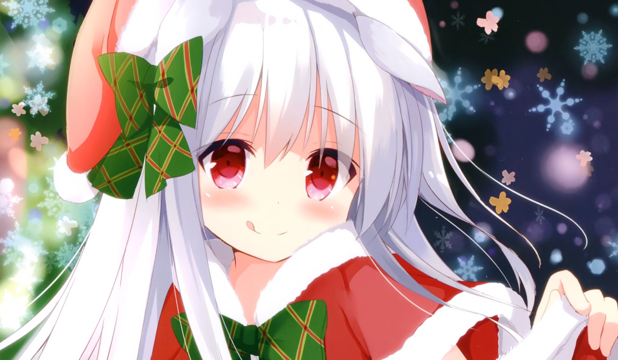 Download mobile wallpaper Anime, Christmas, Original, Red Eyes, White Hair, Animal Ears for free.