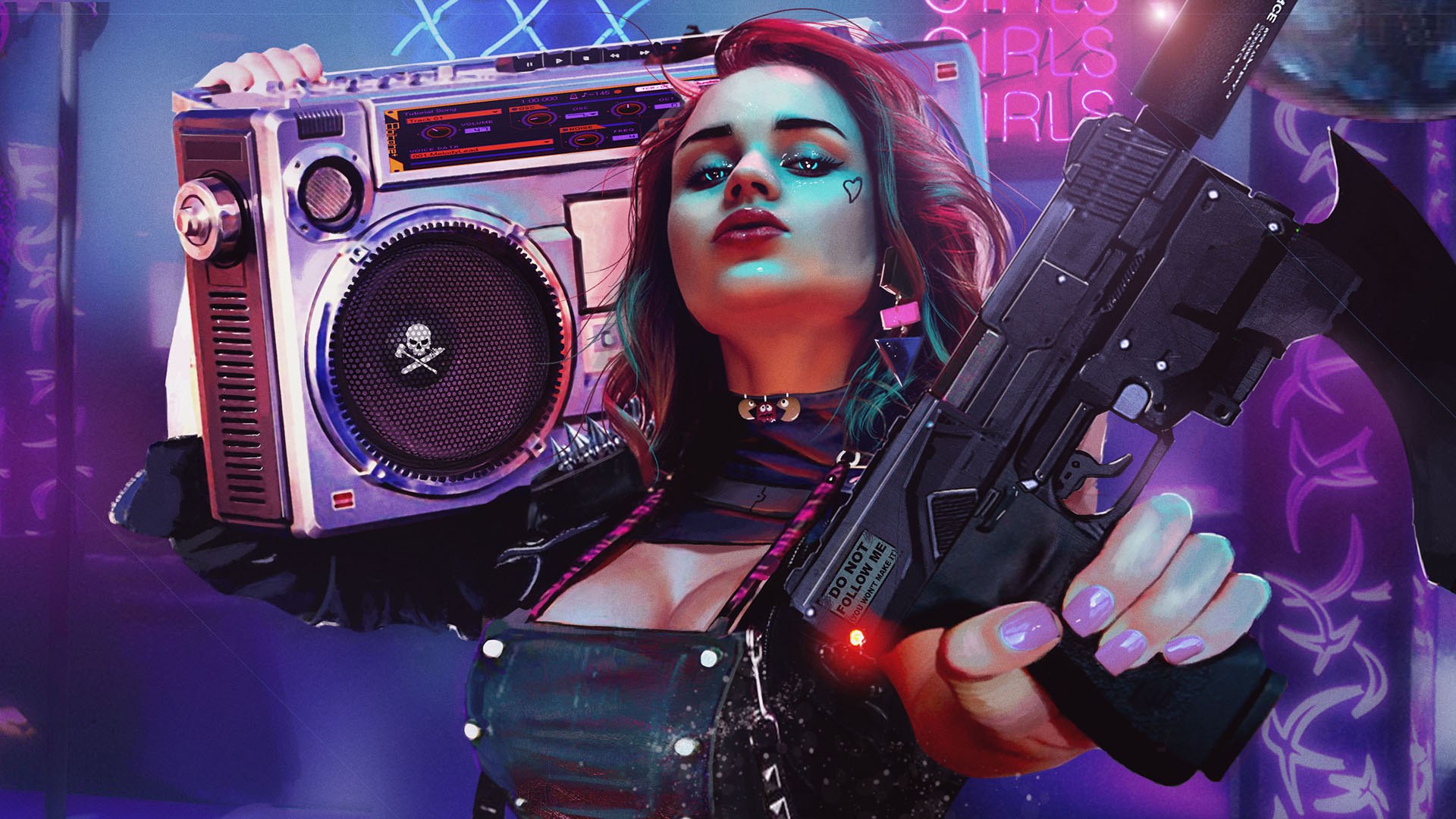 cyberpunk 2077, video game, gun, radio, two toned hair