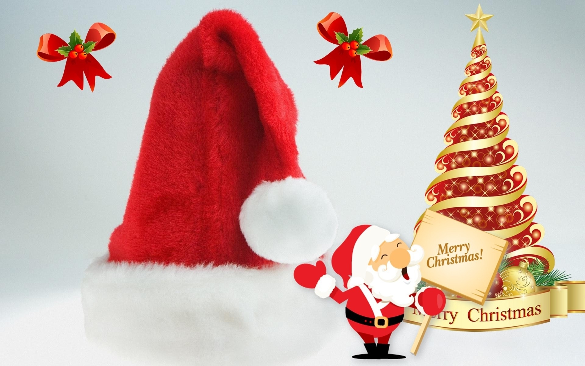 Скачать обои бесплатно Дерево, Рождество, Санта Клаус, Праздничные, С Рождеством, Шляпа Санты картинка на рабочий стол ПК