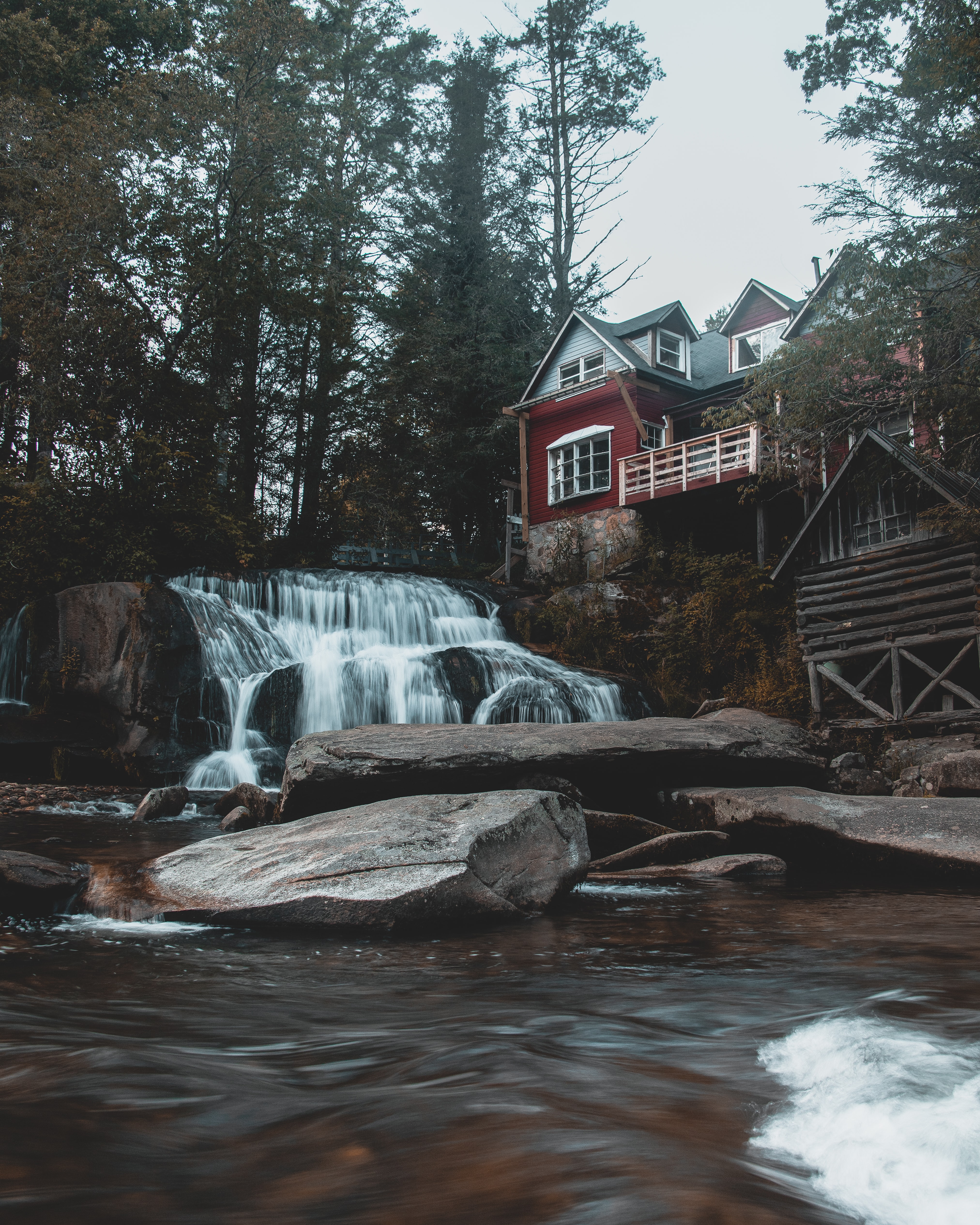 wallpapers house, nature, building, waterfall, forest