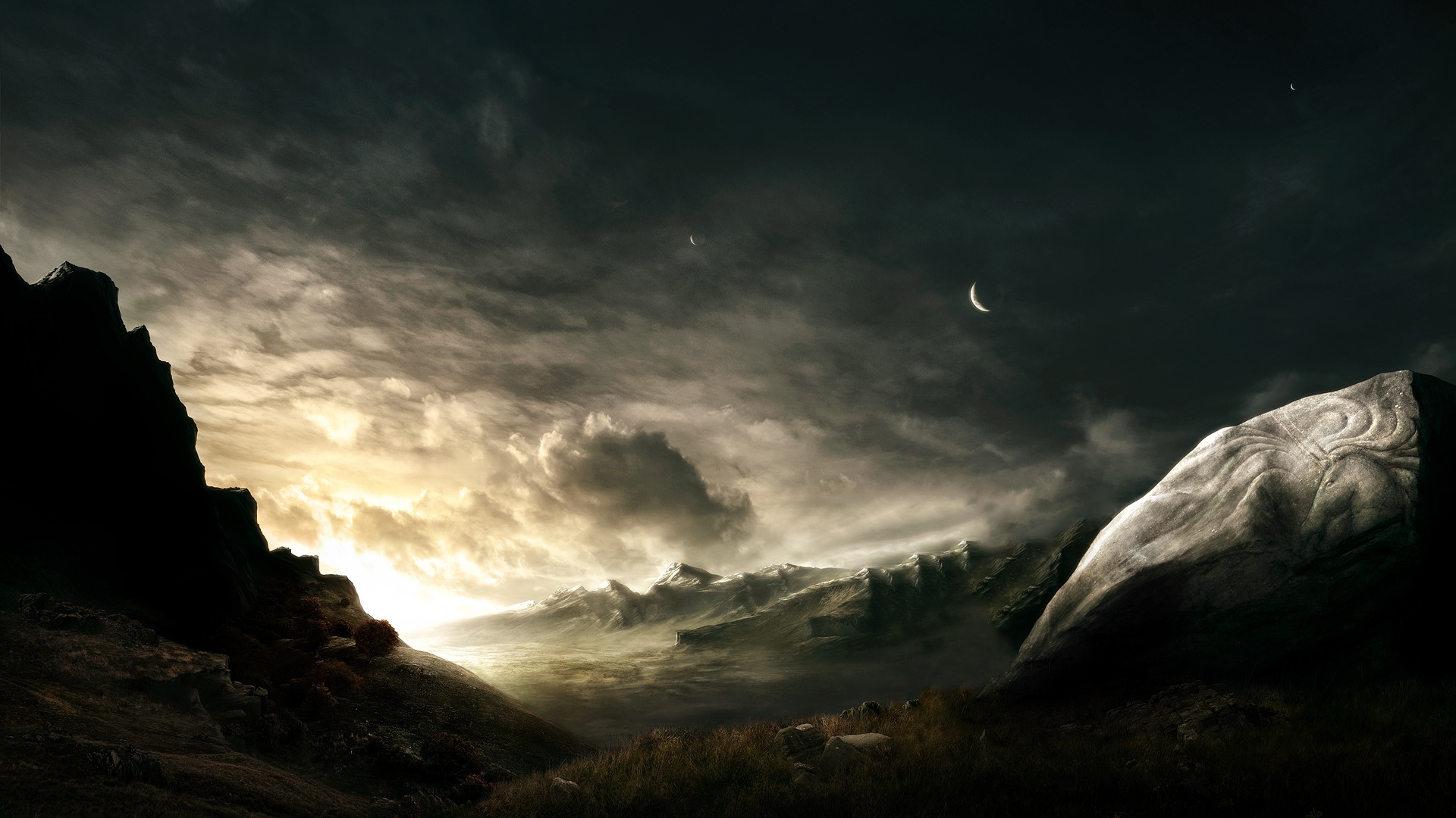 Free download wallpaper Landscape, Sun, Mountain, Dark, Sci Fi on your PC desktop