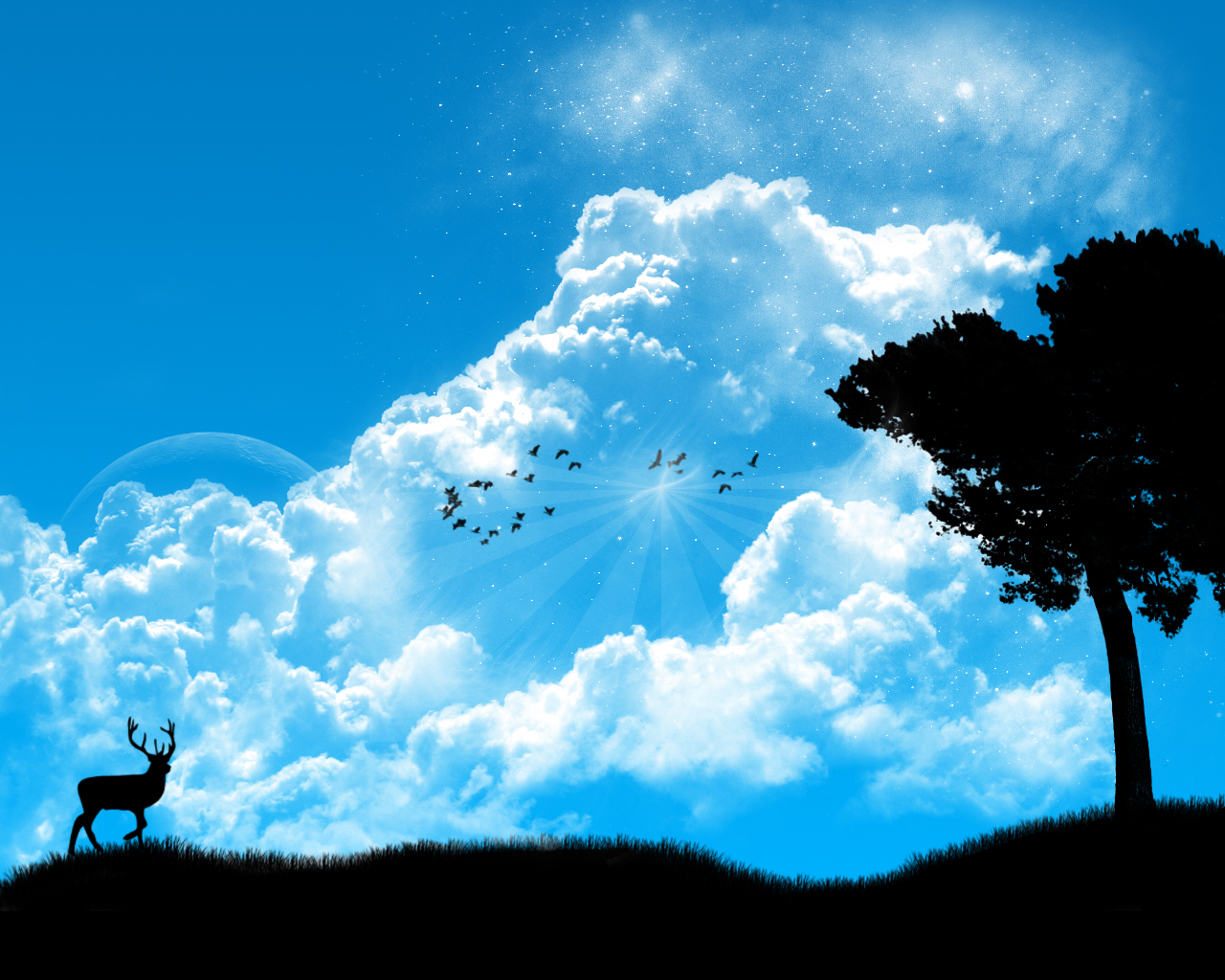 1513967 скачать картинку дерево, природа, облако, луна, художественные, олень - обои и заставки бесплатно