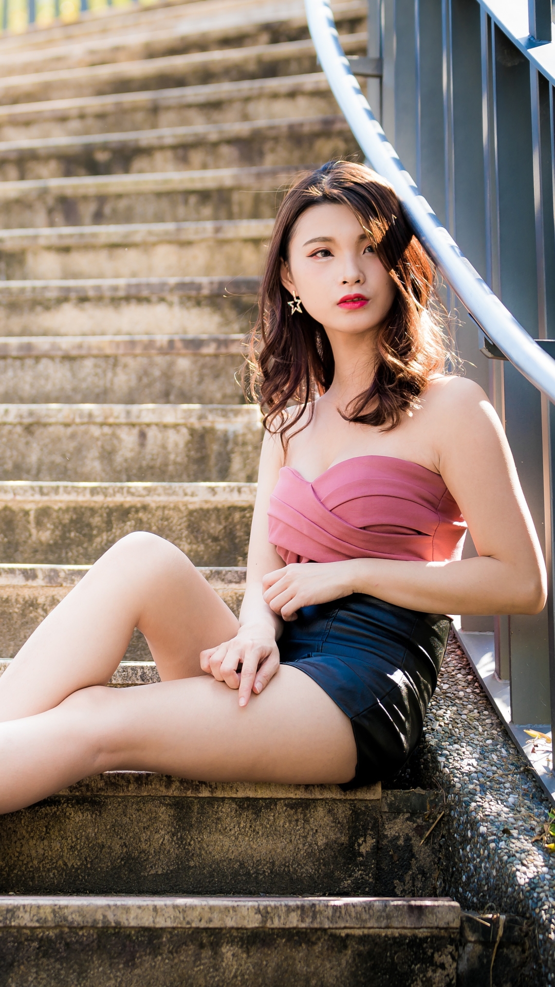 Download mobile wallpaper Stairs, Brunette, Model, Women, Asian, High Heels, Lipstick for free.
