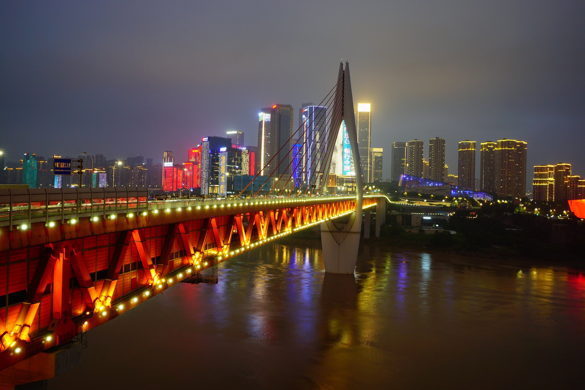 man made, chongqing, bridge, china, night, river