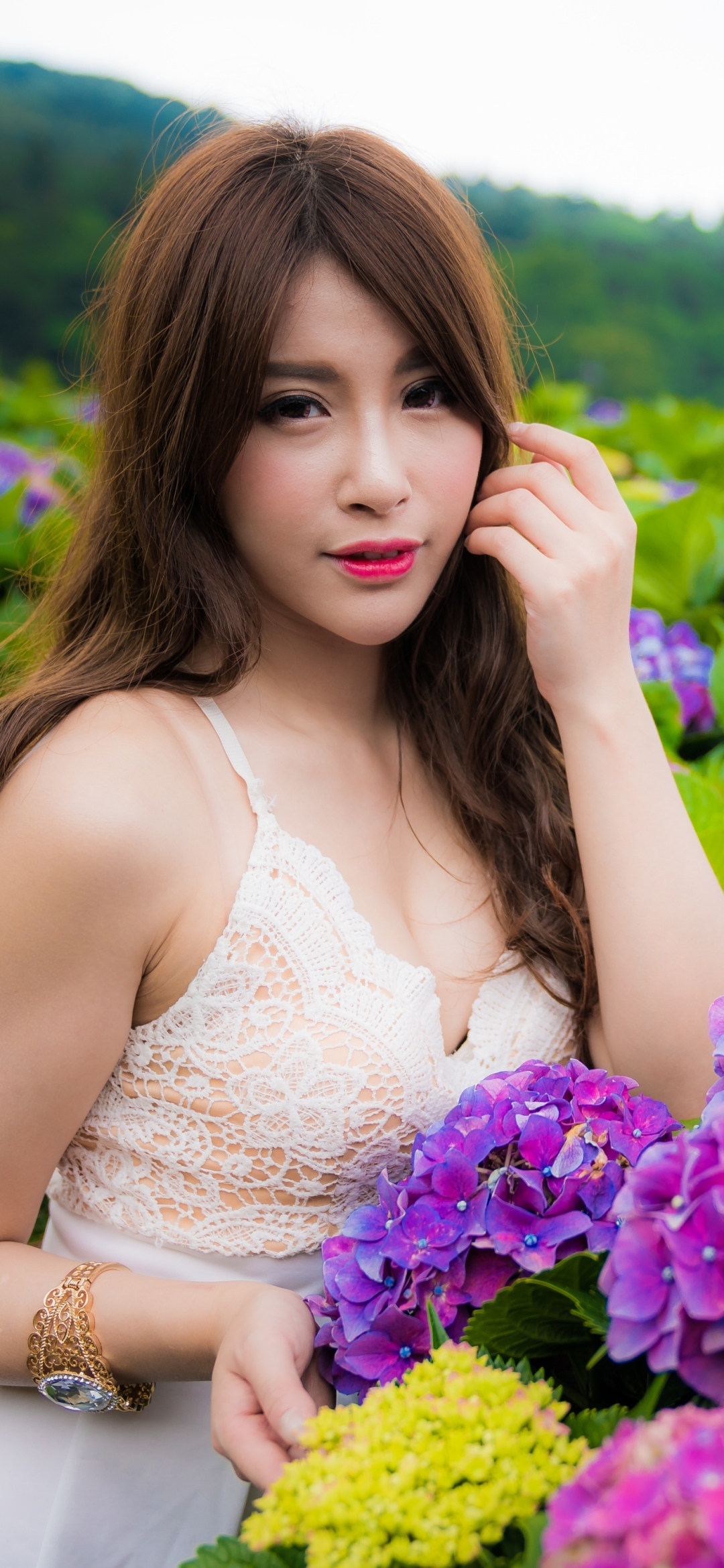 Download mobile wallpaper Flower, Hydrangea, Dress, Brunette, Model, Women, Asian, Purple Flower, Long Hair, Lipstick for free.