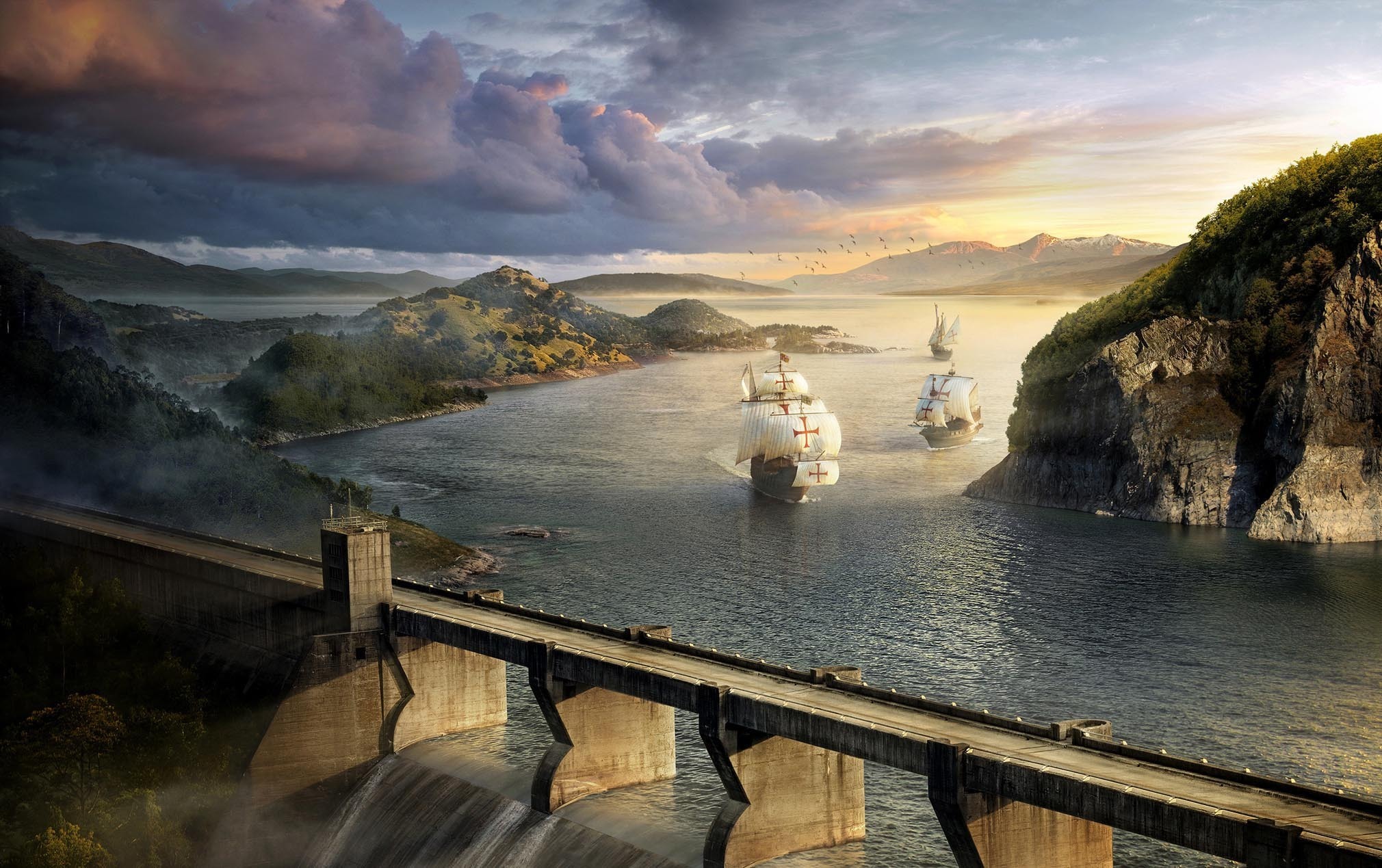 Free download wallpaper Fantasy, Ship, River on your PC desktop
