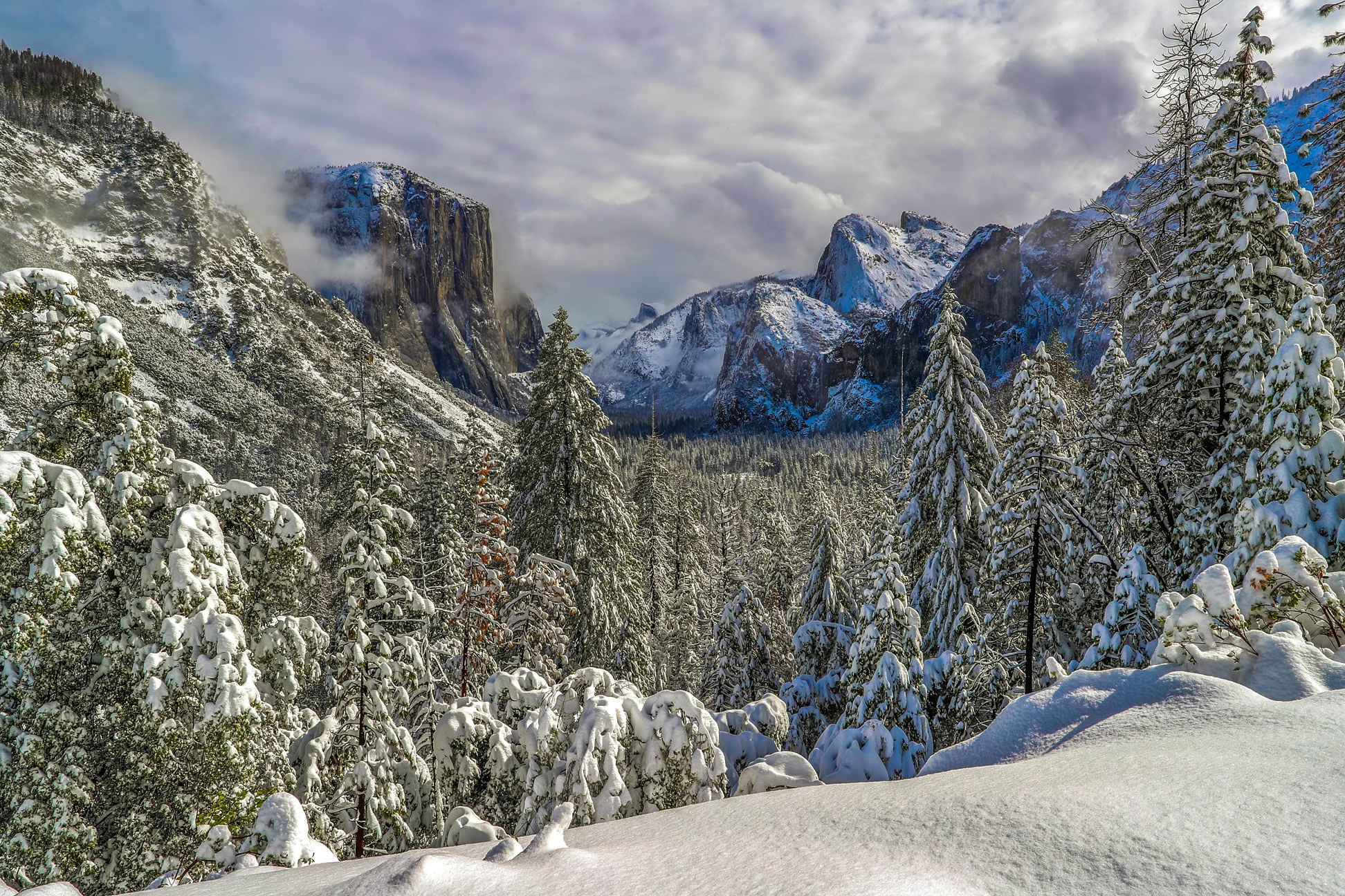 Download mobile wallpaper Landscape, Winter, Nature, Snow, Mountain, Forest, Earth, National Park, Cloud, Yosemite National Park for free.