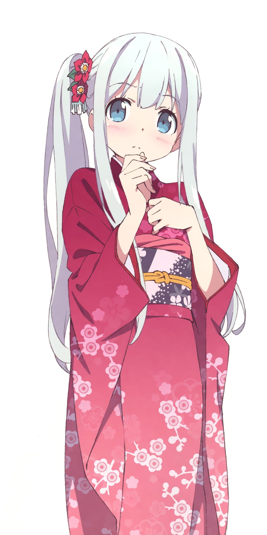 Téléchargez des papiers peints mobile Kimono, Yeux Bleus, Animé, Rougir, Cheveux Longs, Cheveux Blancs, Eromanga Sensei, Sagiri Izumi gratuitement.