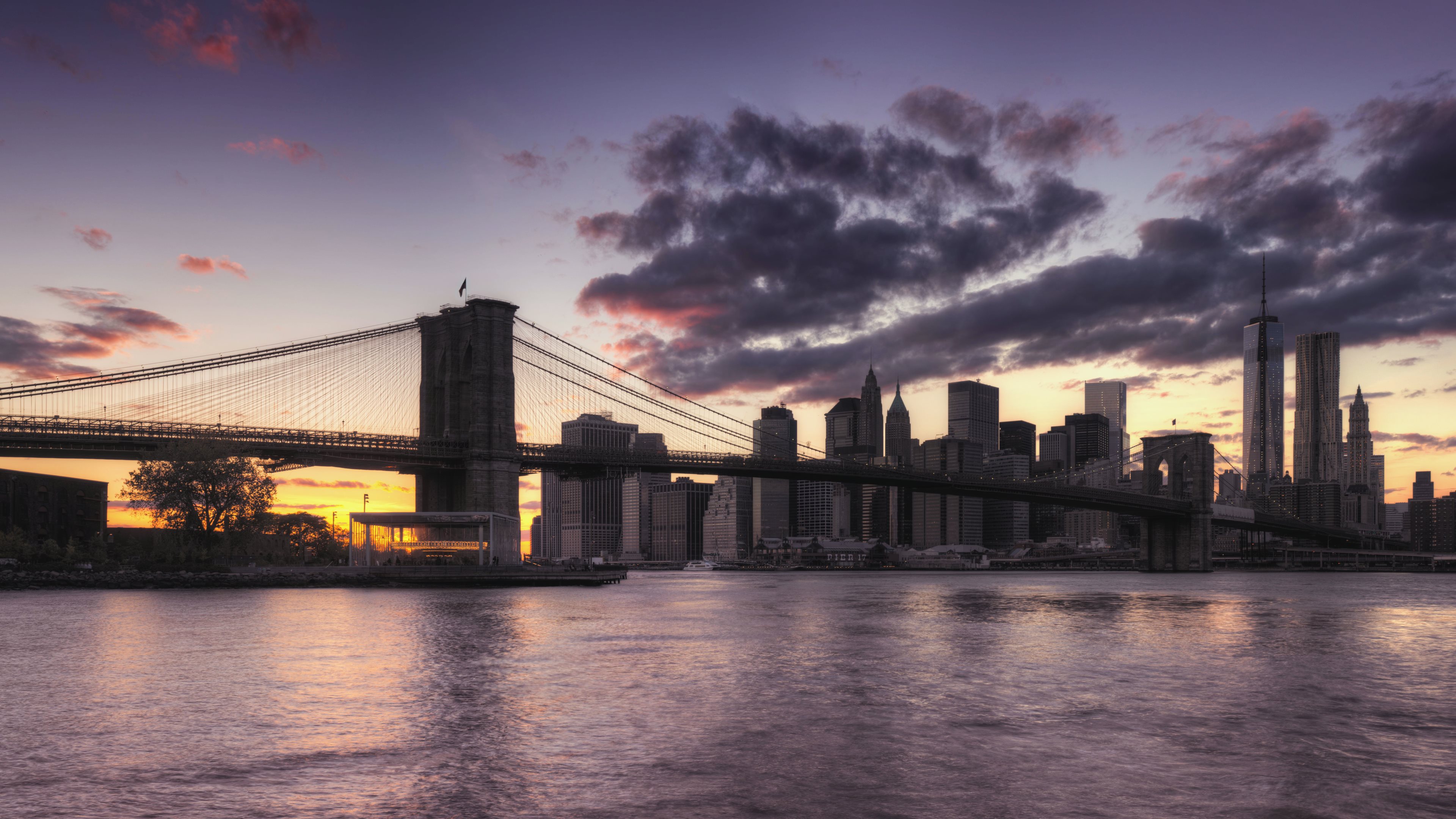 Laden Sie das New York, Manhattan, Nacht, Brücken, Menschengemacht, Brooklyn Brücke-Bild kostenlos auf Ihren PC-Desktop herunter