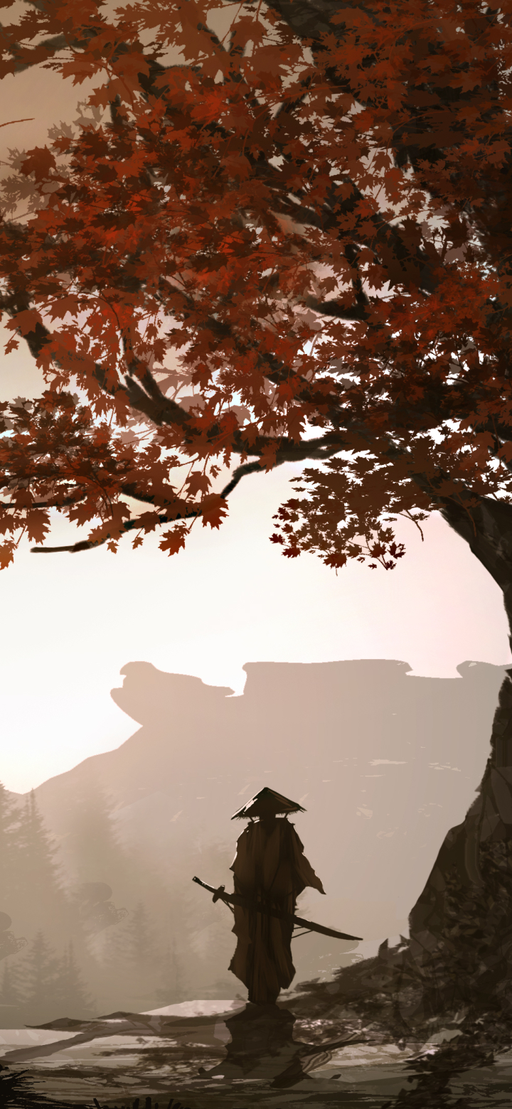 Handy-Wallpaper Fantasie, Herbst, Baum, Krieger, Samurai kostenlos herunterladen.