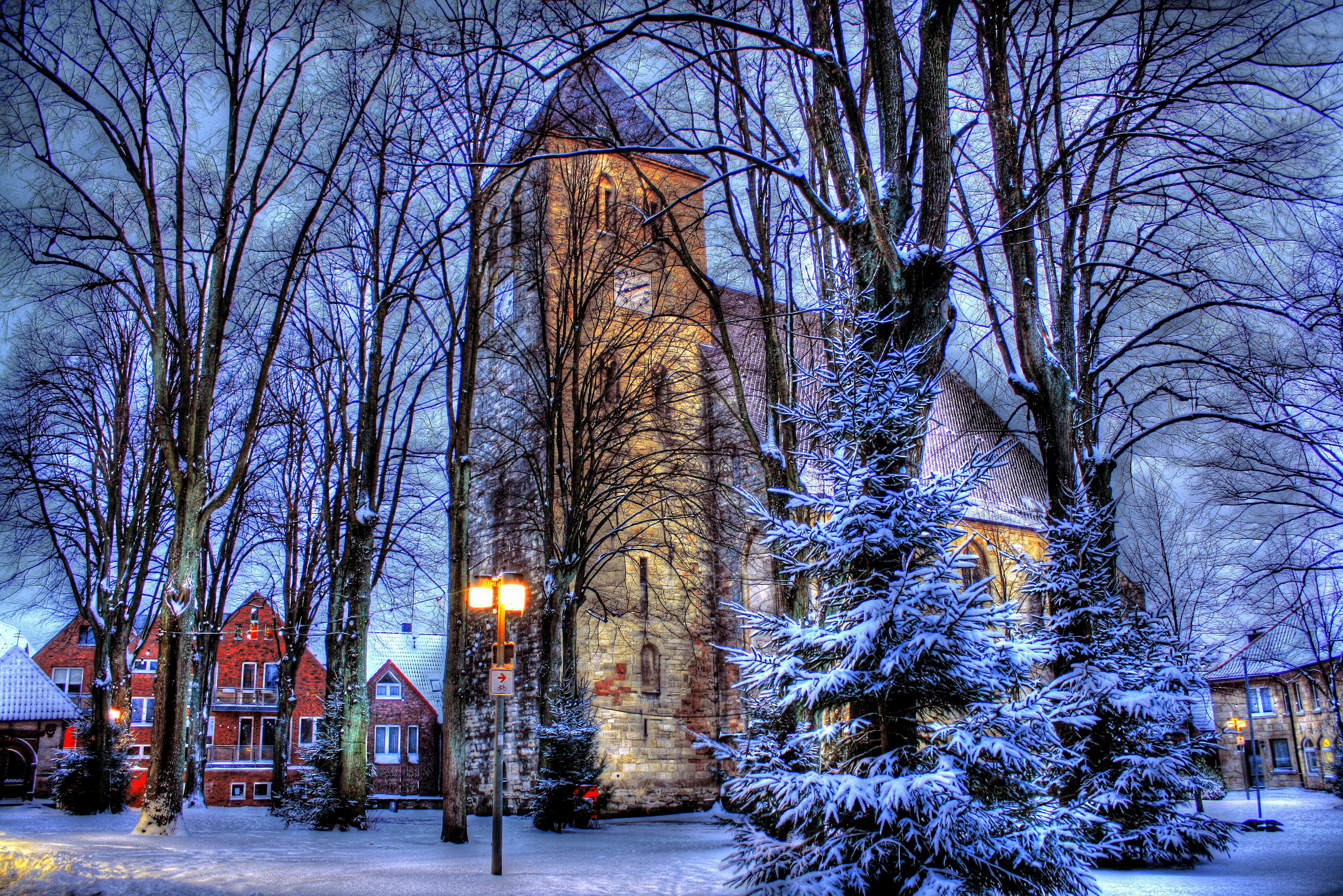 Download mobile wallpaper Winter, Snow, Tree, Street, Church, Churches, Religious for free.