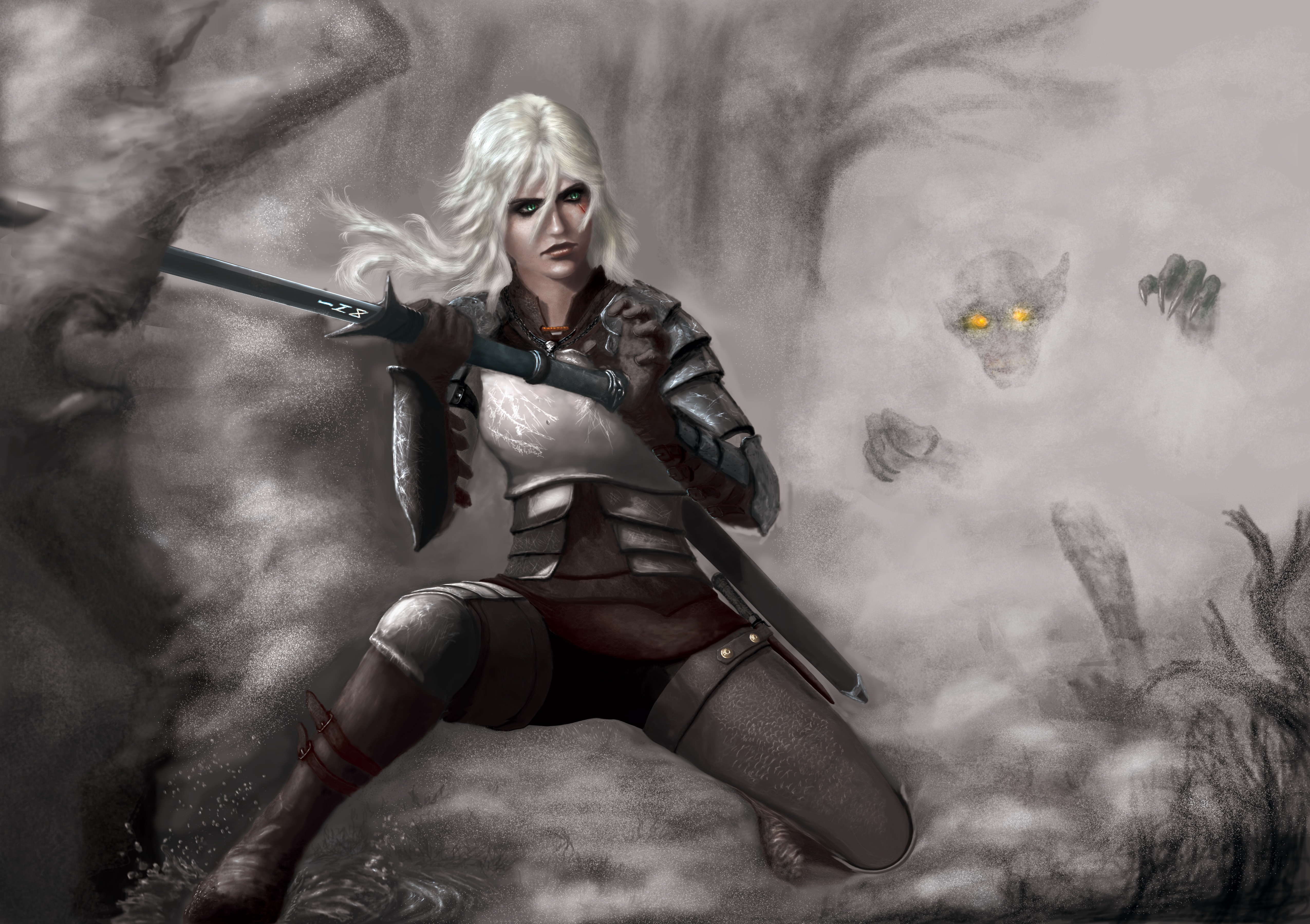Free download wallpaper Dark, Creature, Sword, Green Eyes, Video Game, White Hair, Woman Warrior, The Witcher, The Witcher 3: Wild Hunt, Ciri (The Witcher) on your PC desktop