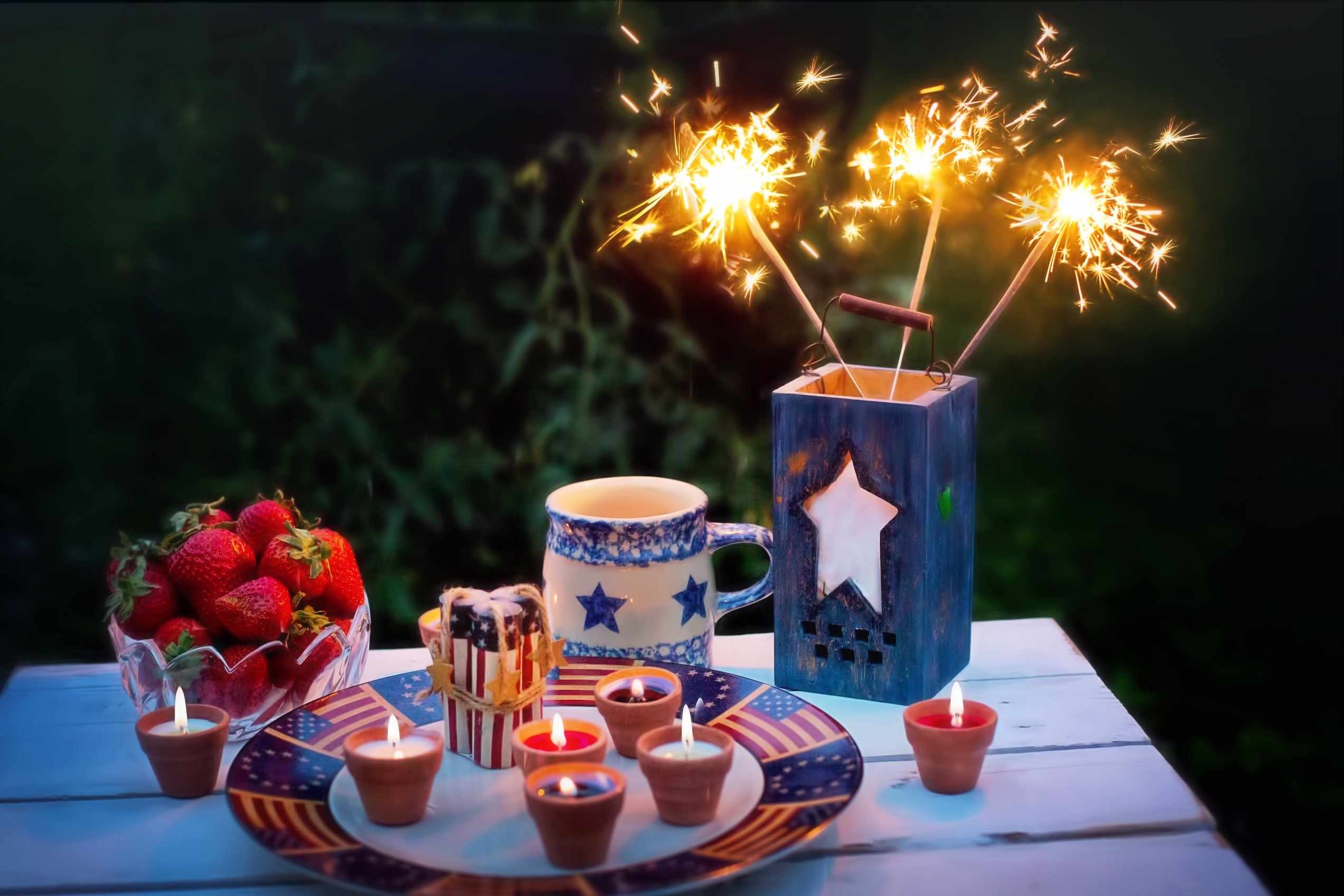 4th of july, holiday, candle, fireworks, independence day, still life, strawberry