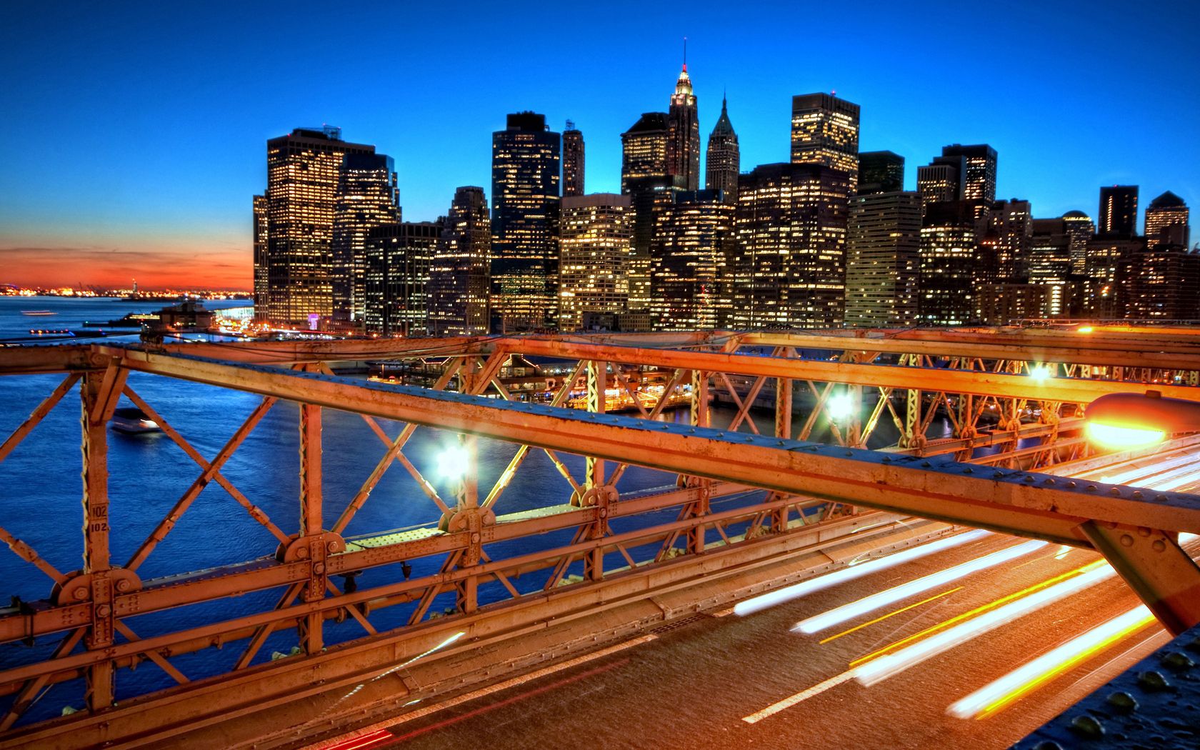 Скачать обои бесплатно Мост, Небоскребы, Закат, Города, Нью Йорк картинка на рабочий стол ПК