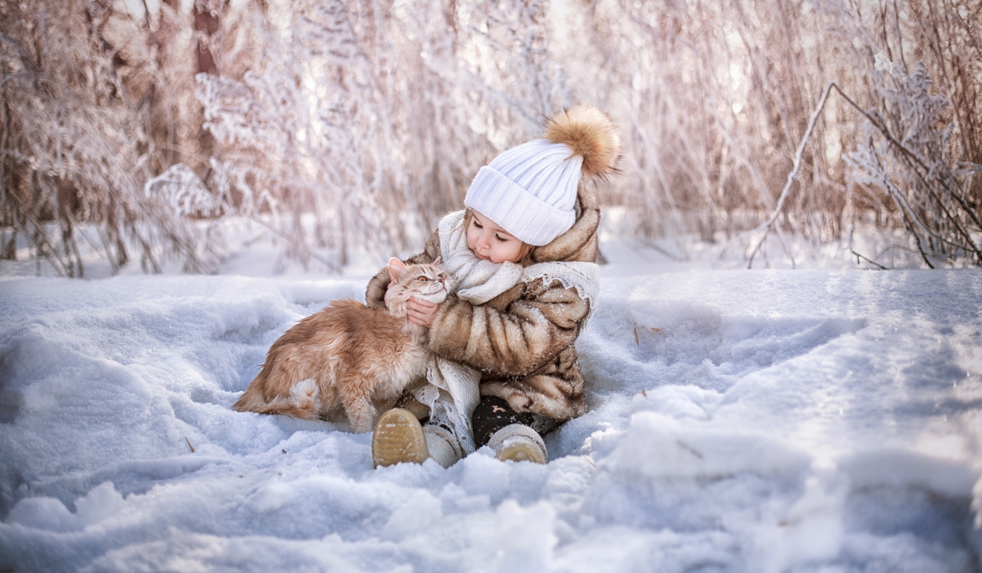 Download mobile wallpaper Winter, Snow, Cat, Child, Hat, Photography, Little Girl for free.