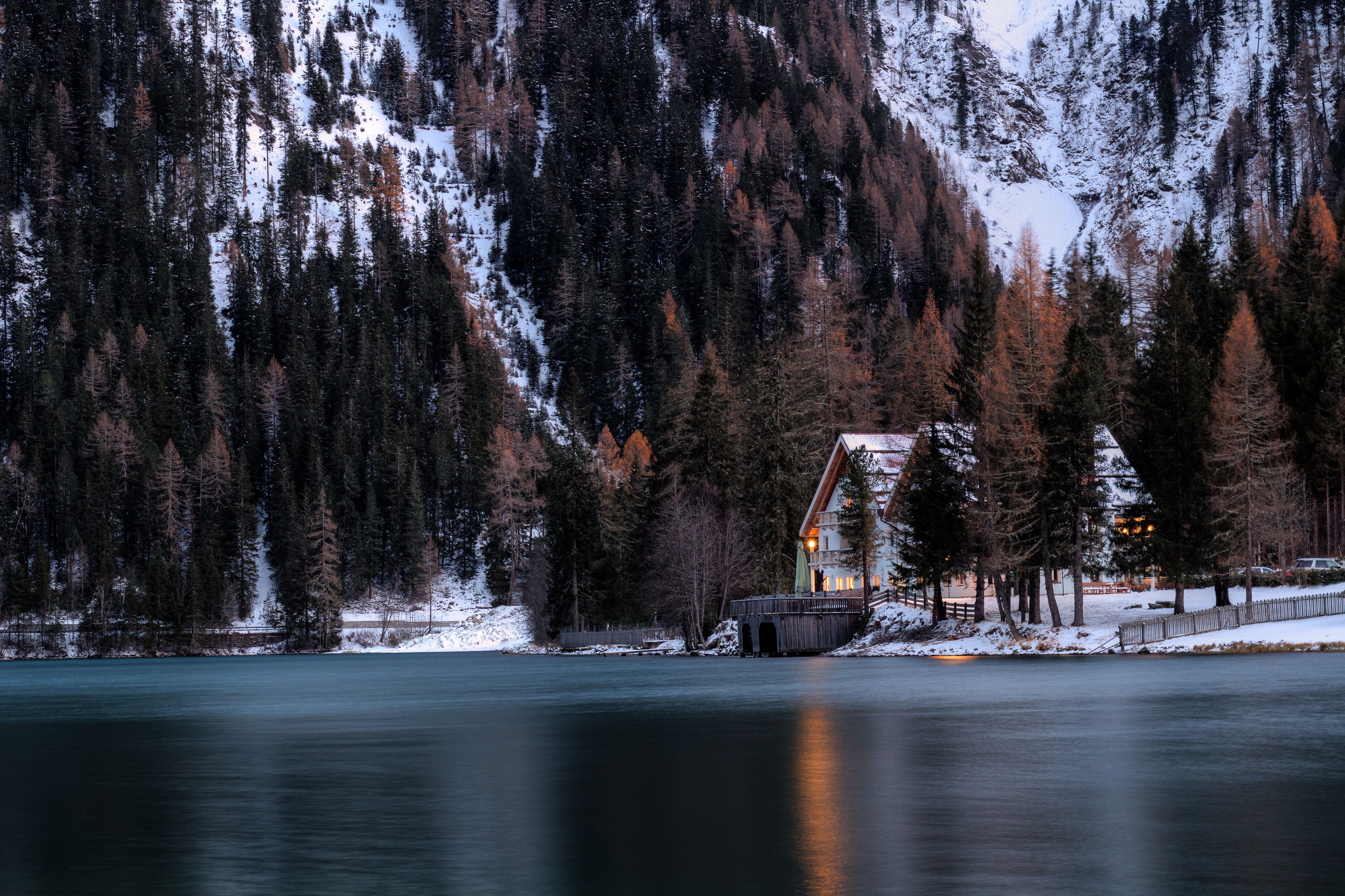 snow, mountains, small house, nature, forest, lodge Full HD