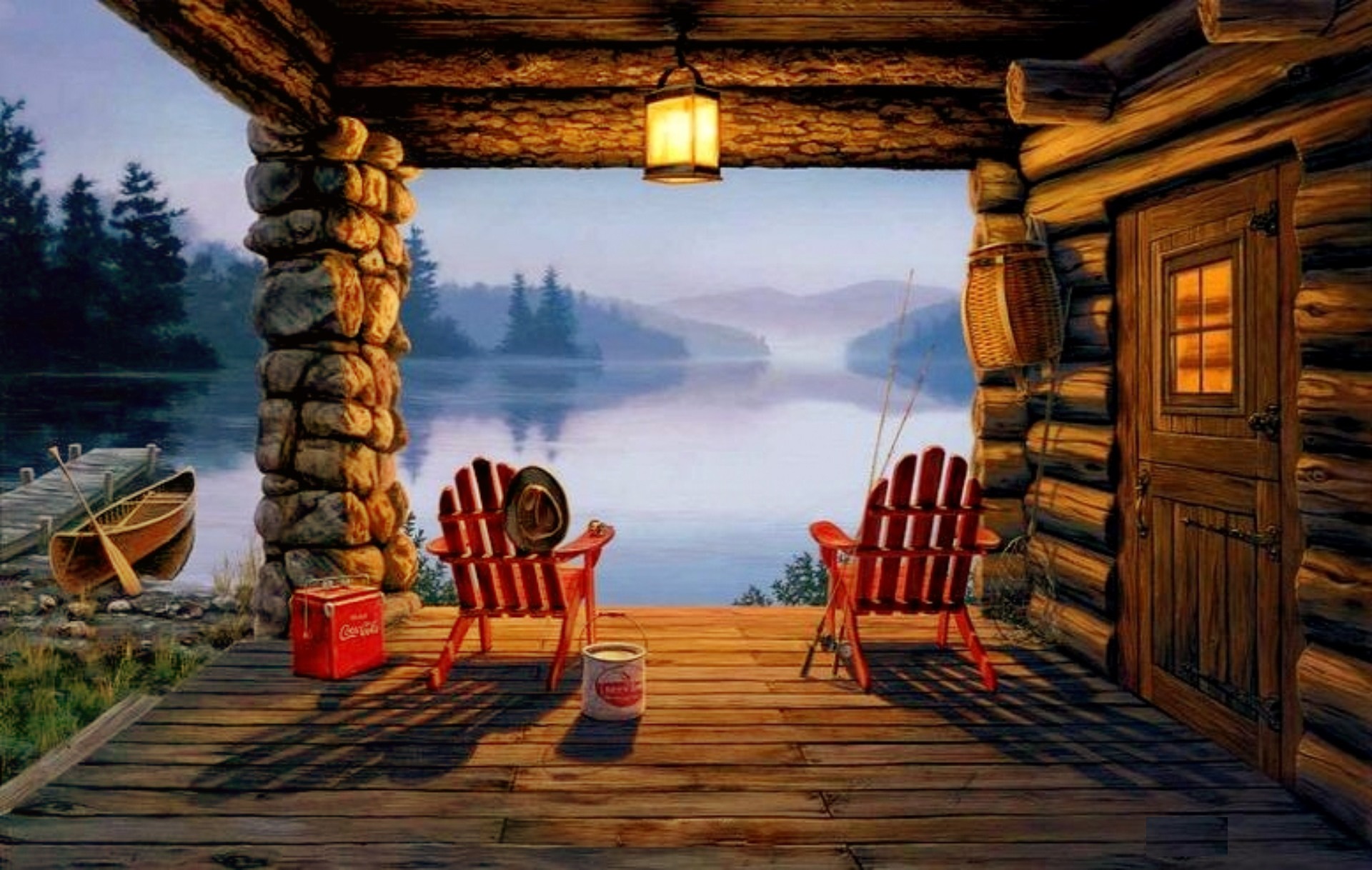 Download mobile wallpaper Lake, Boat, Painting, Artistic, Cabin for free.