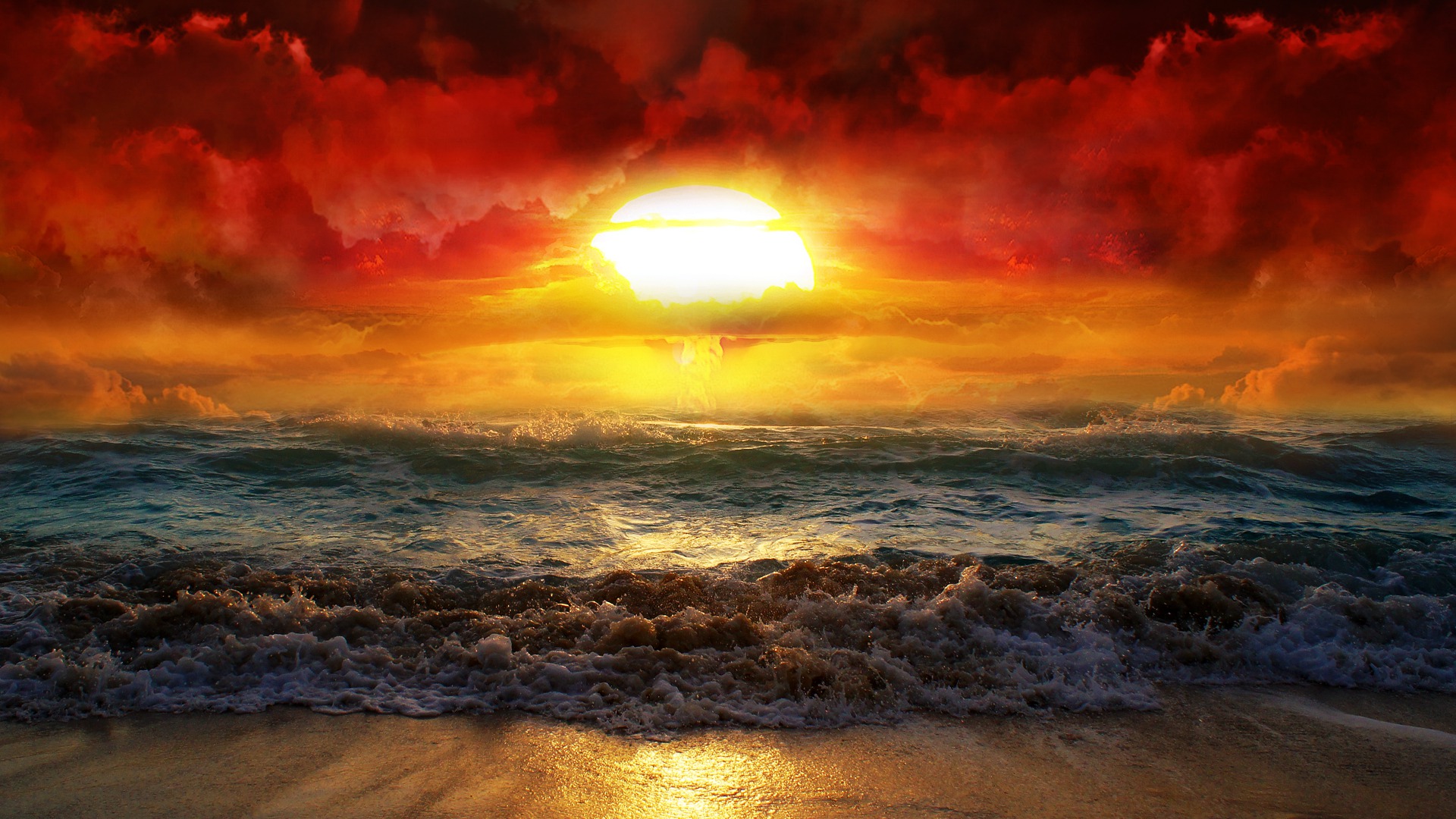 220677 завантажити картинку океан, сонце, фотографія, маніпуляція, пляжний, захід сонця, хвиля - шпалери і заставки безкоштовно