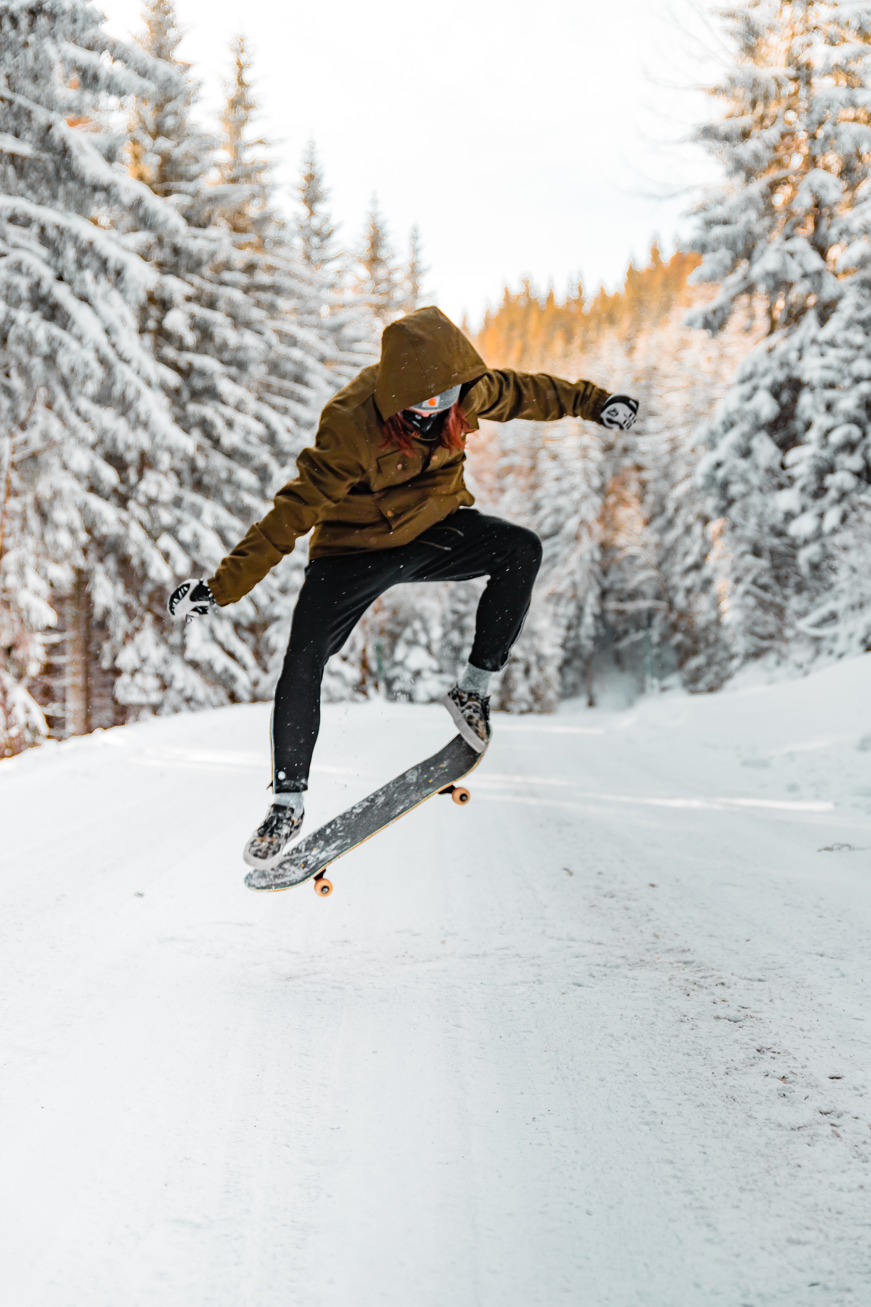 snow, sports, winter, bounce, jump, trick, skateboarder, skateboard