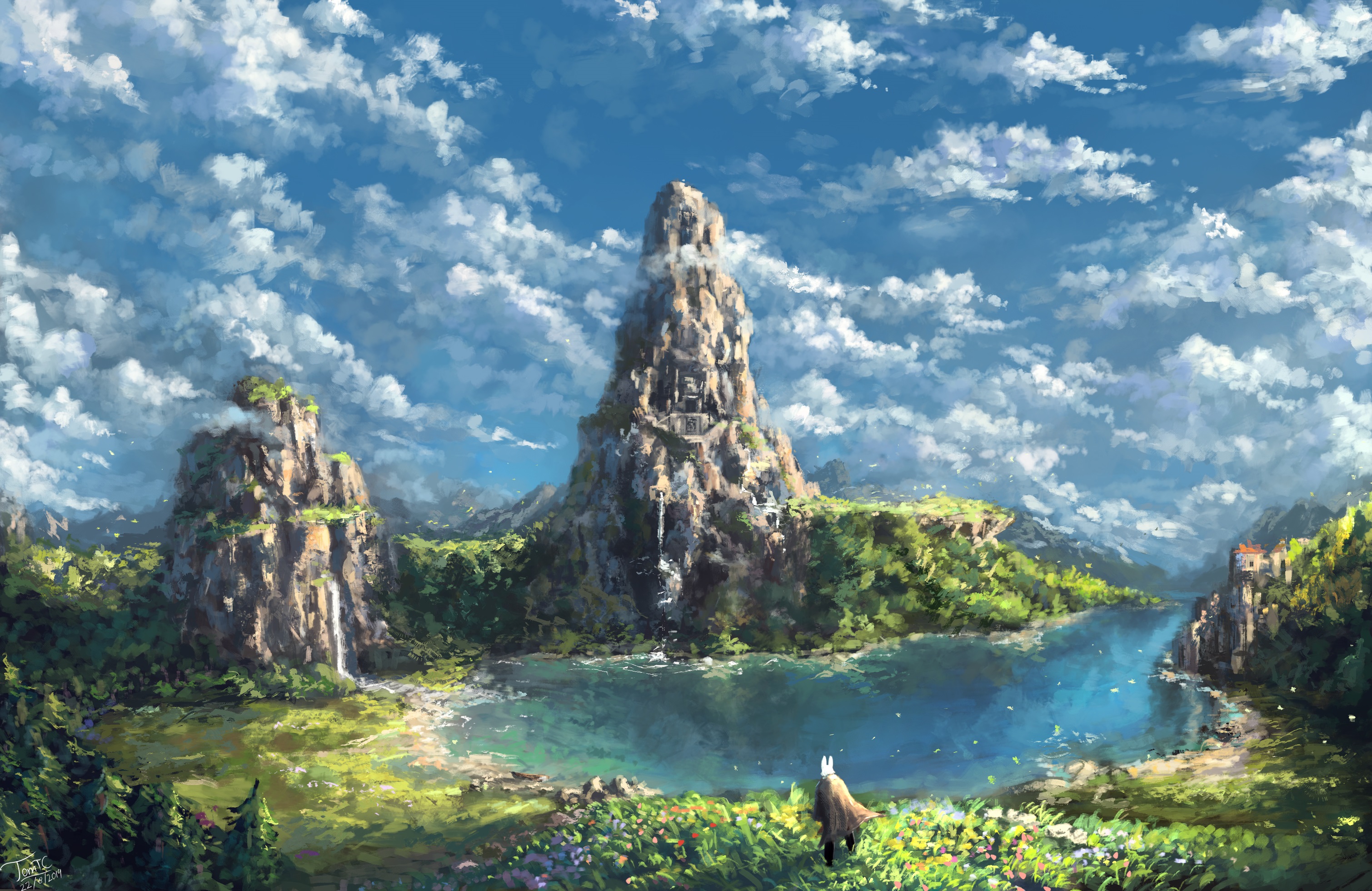 PCデスクトップに風景, 川, ファンタジー, 滝, 湖, 山, 生き物, うさぎ画像を無料でダウンロード