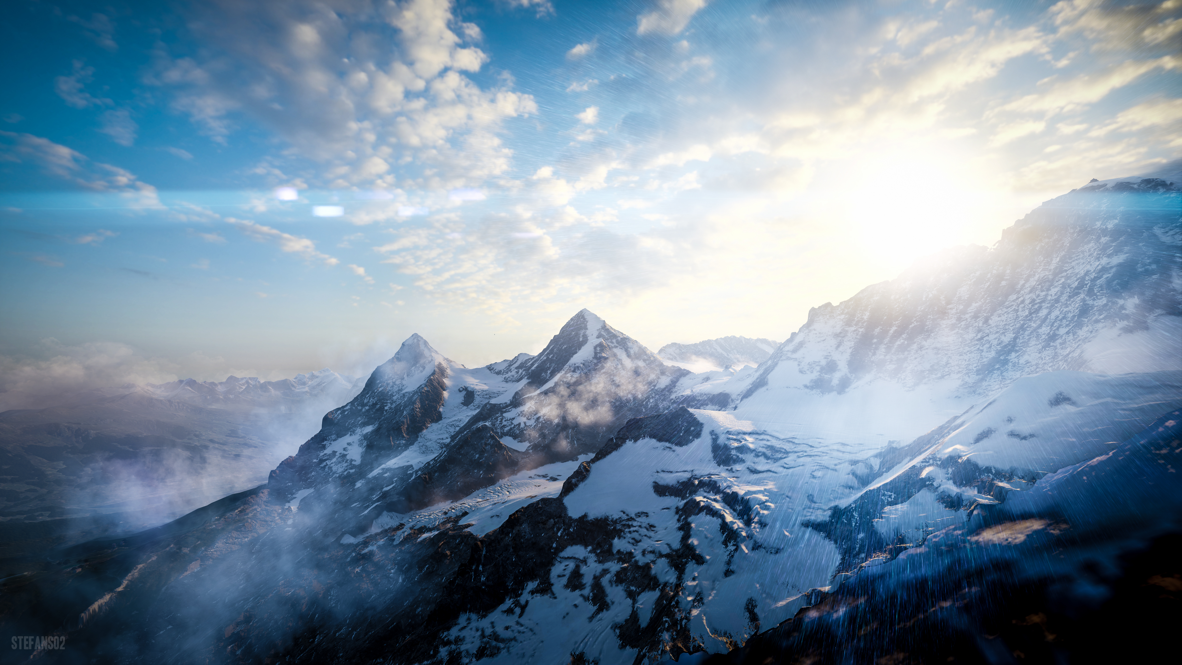 tops, mountains, view from above, nature, sky, vertex, snow covered, snowbound, sunlight 4K